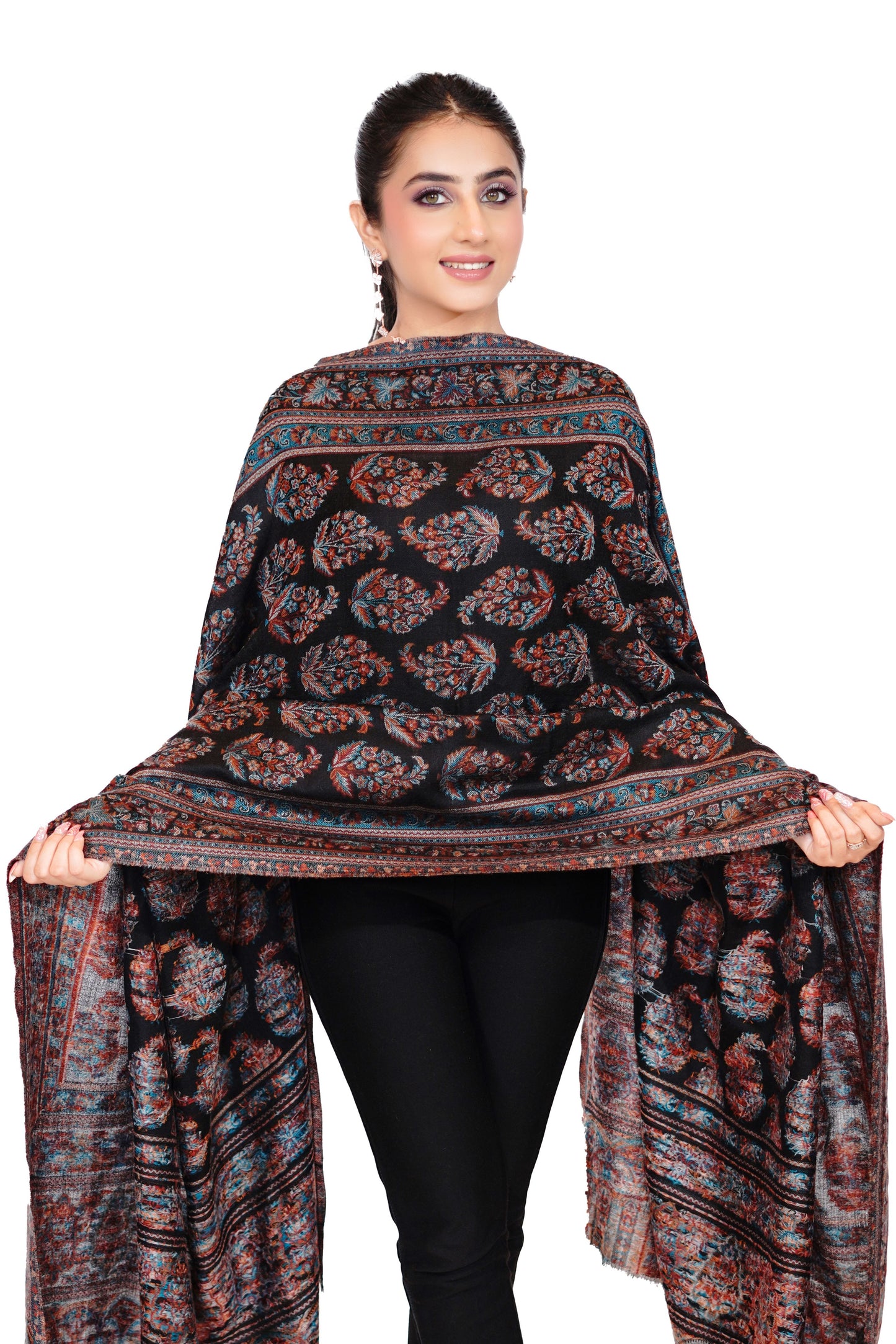 Women's Wool Blend Antique Shawl with Booti Design - Black Beauty