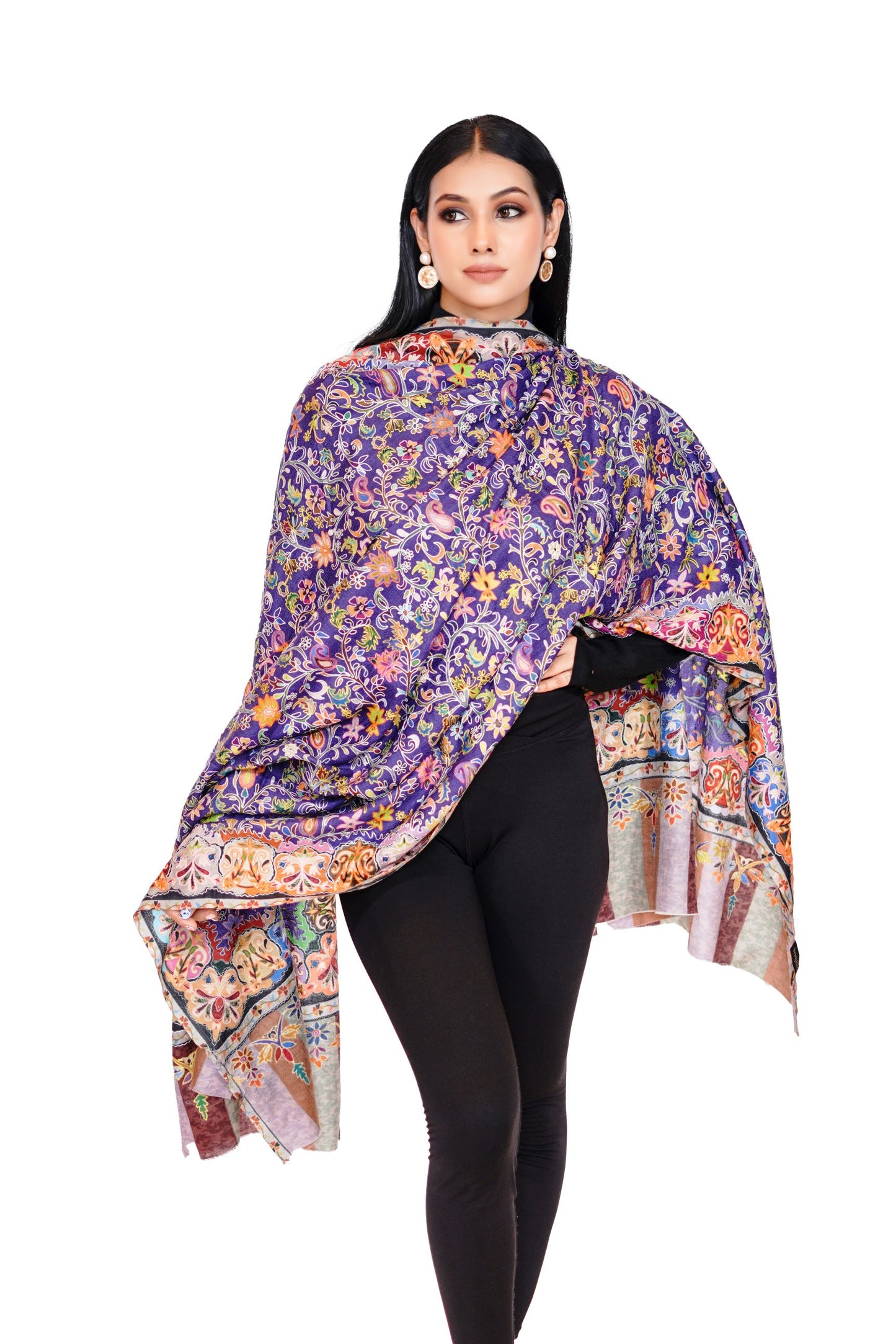 Heritage Rich Purple Hand Embroidered Printed Shawl for Women