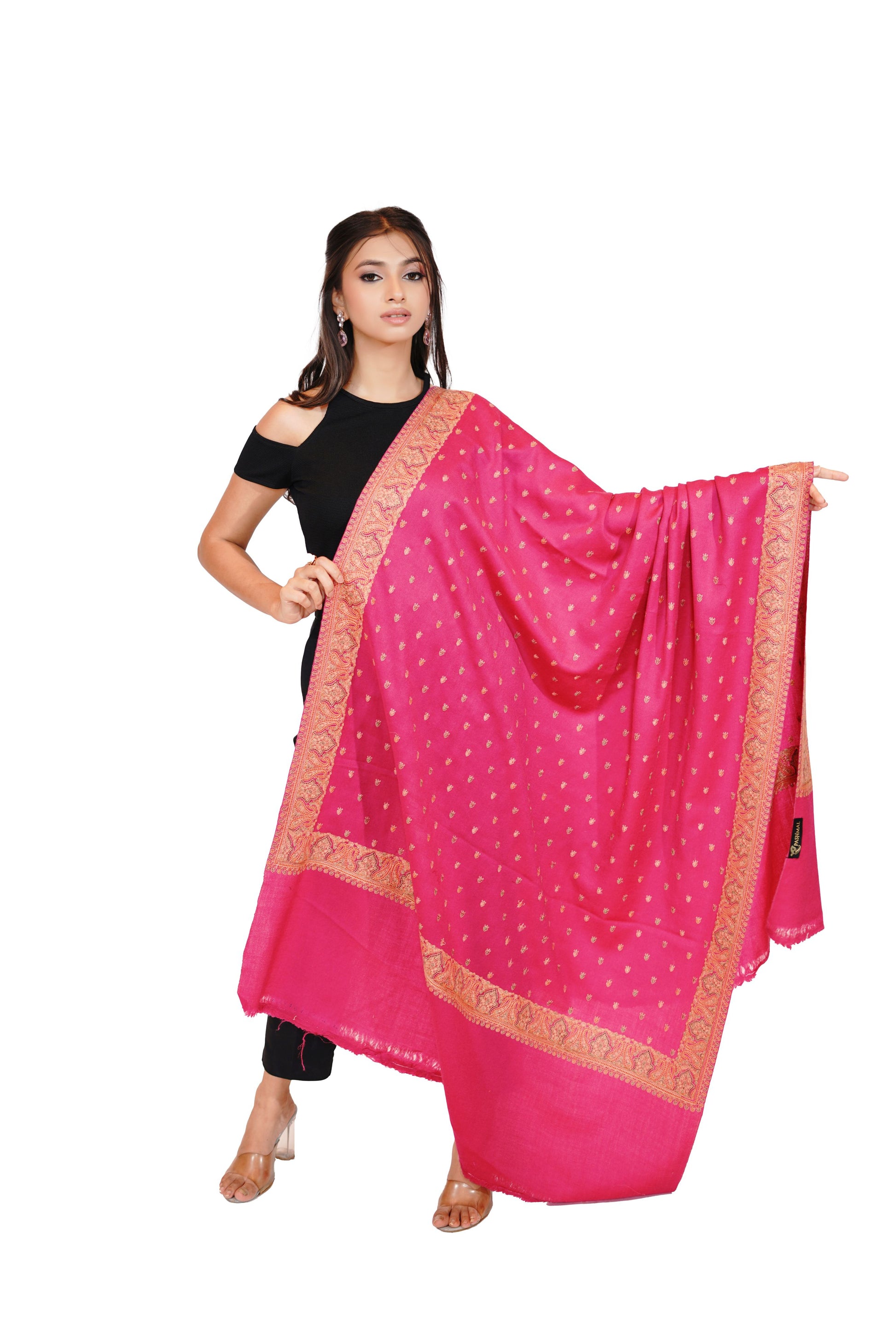 Heritage Pink Booti Embroidered Woollen Shawl for Women