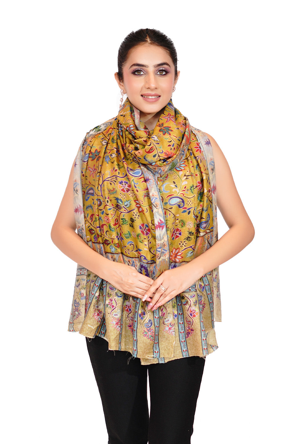 Heritage Hand Embroidered Printed Stole for Women - Mellow Yellow