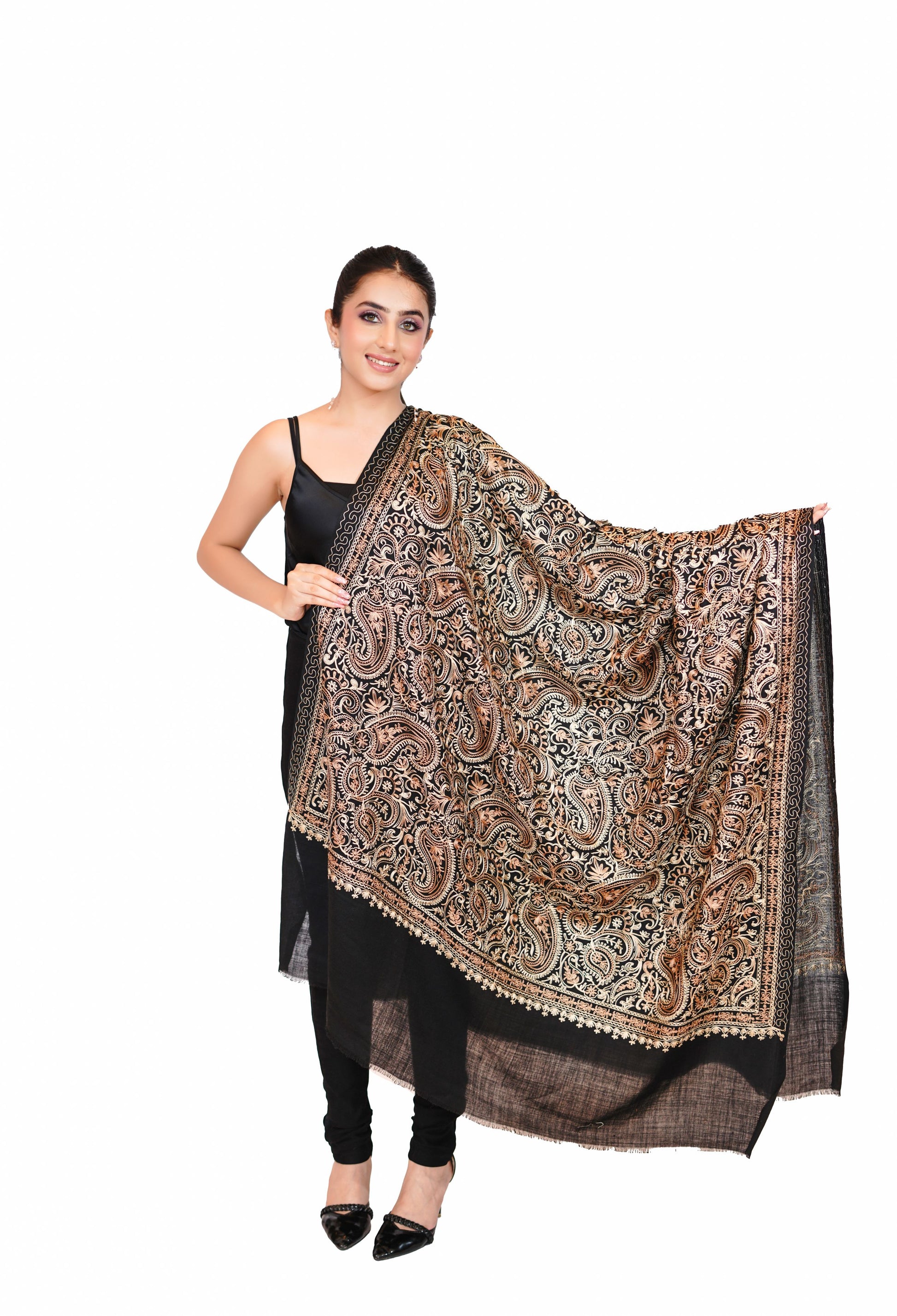 Heritage Aari Embroidery Woollen Shawl for Women - Classic Black
