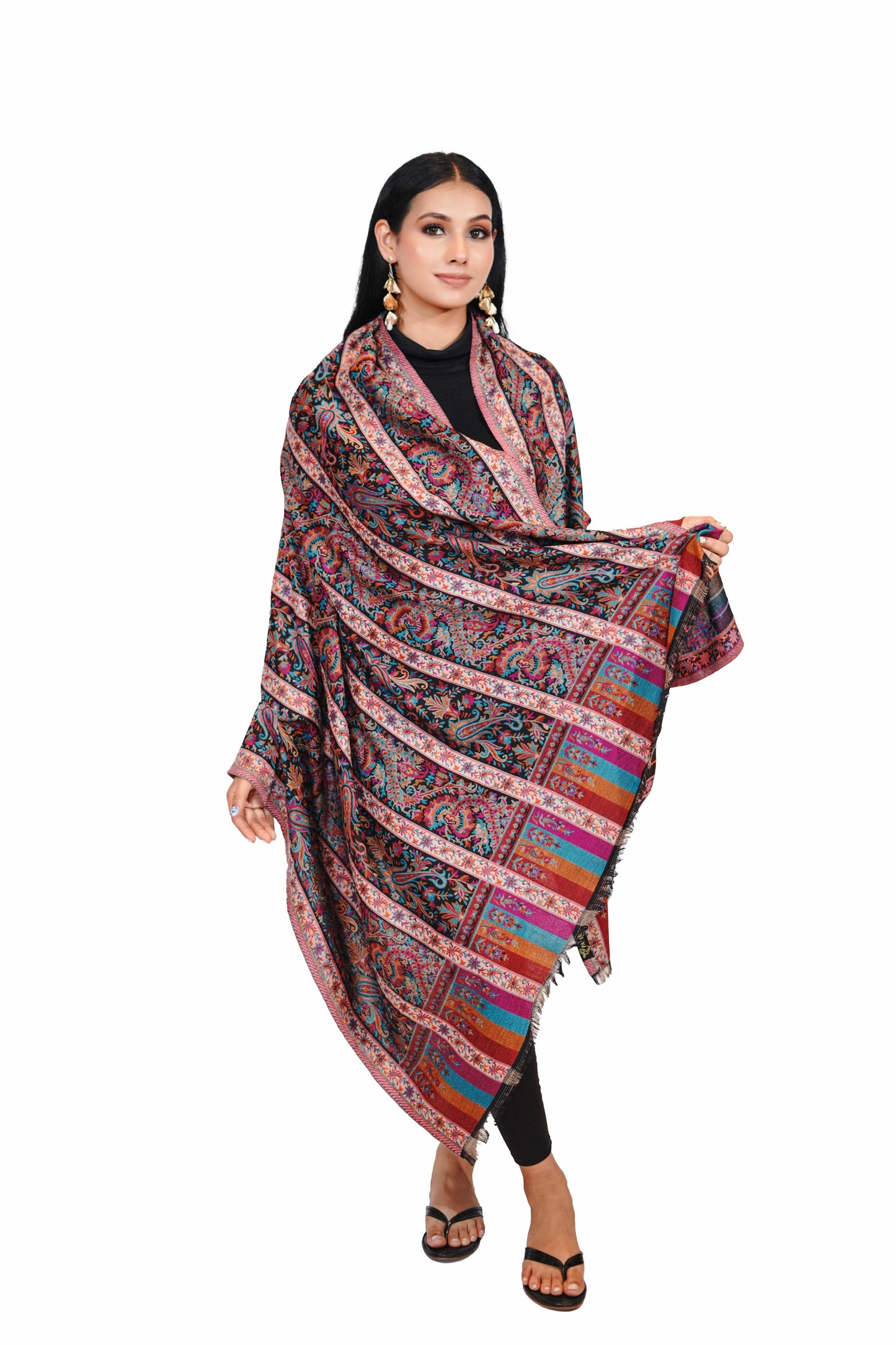 Faux Pashmina Traditional Jamawar Kani Shawl for Women - Classic Black | Soft & Warm