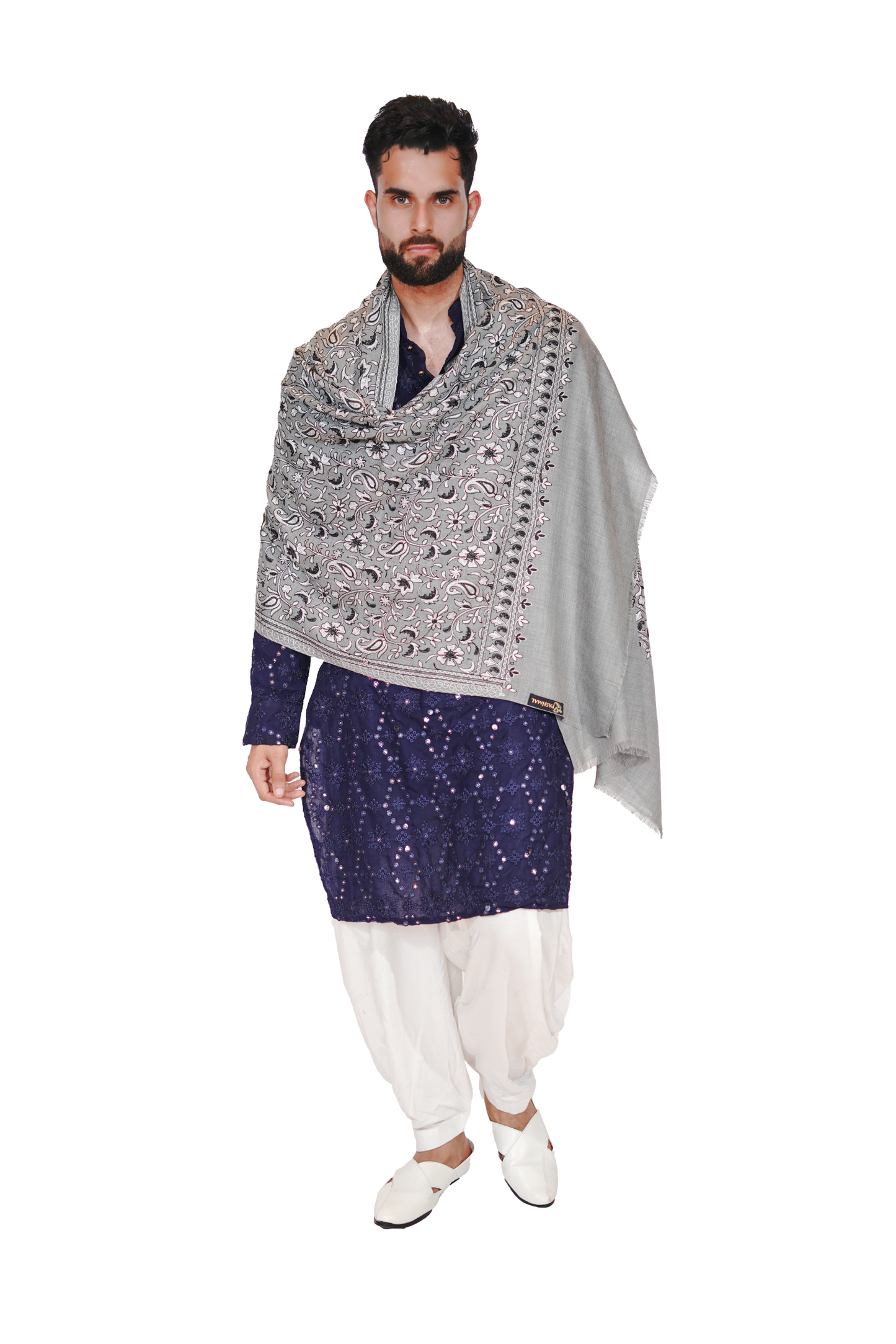 Men's Woollen Traditional Aari Embroidered Stole – Effortless Elegance (Grey)