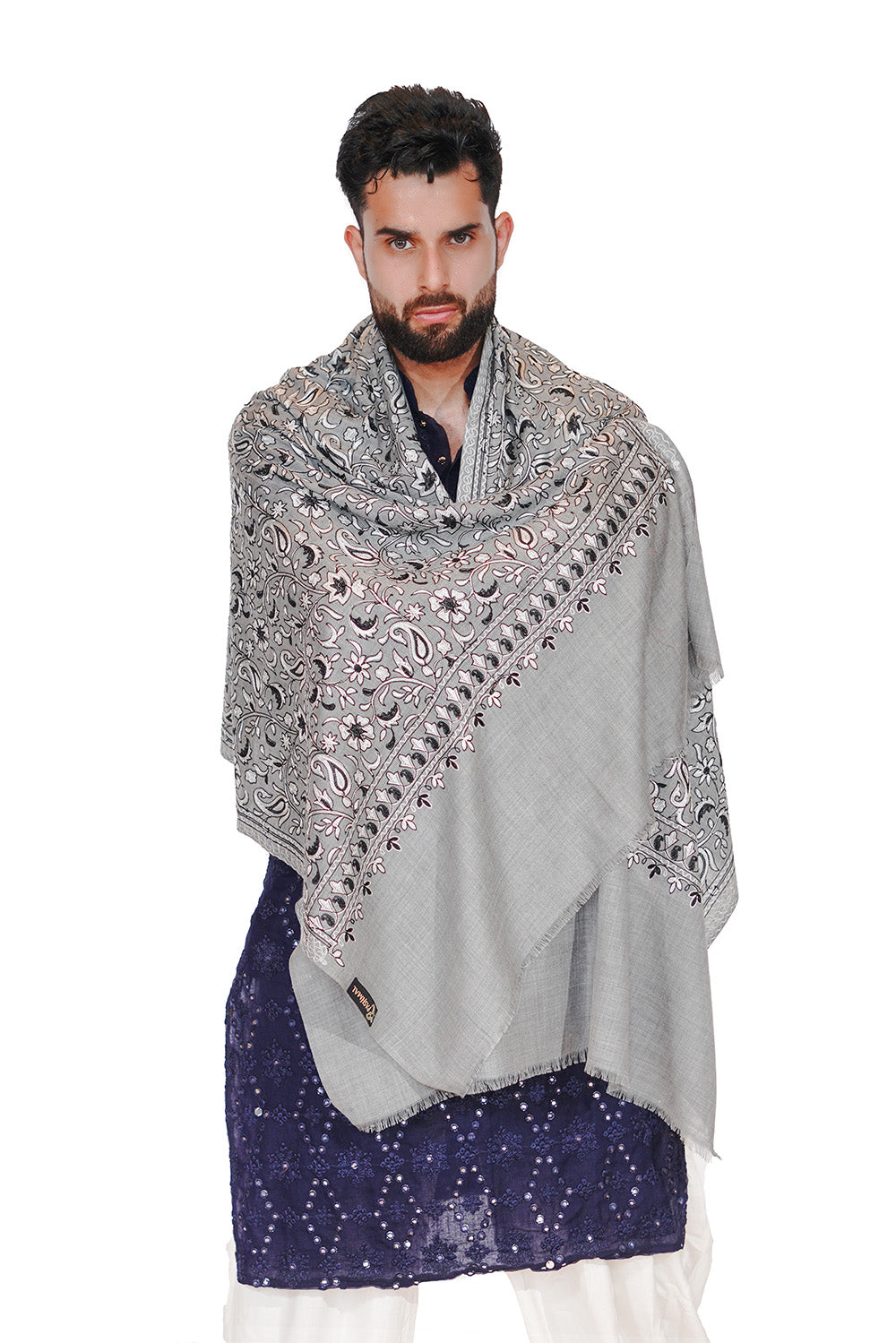 Men's Woollen Traditional Aari Embroidered Stole – Effortless Elegance (Grey)