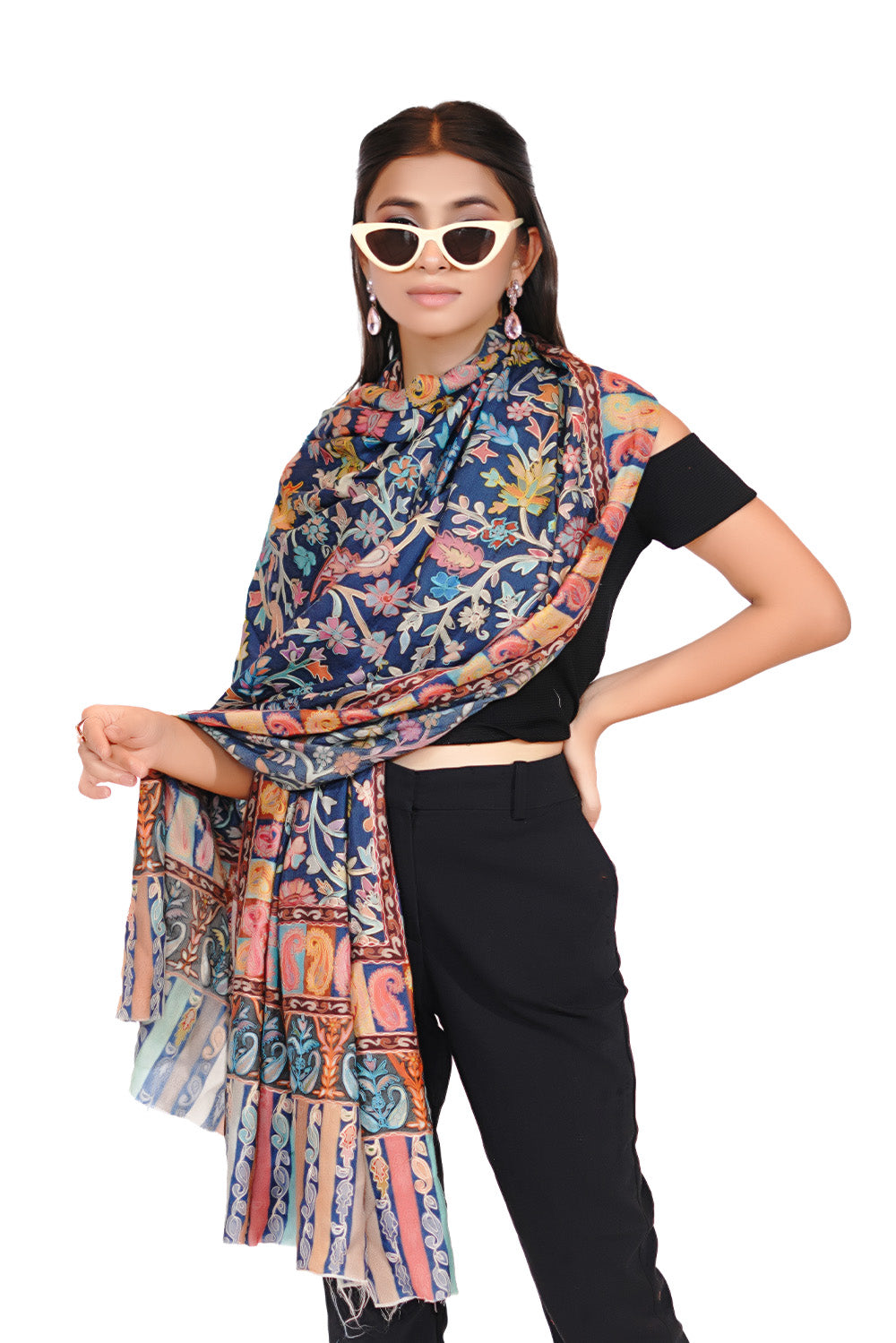 Heritage Royal Blue Hand Embroidered Printed Shawl for Women