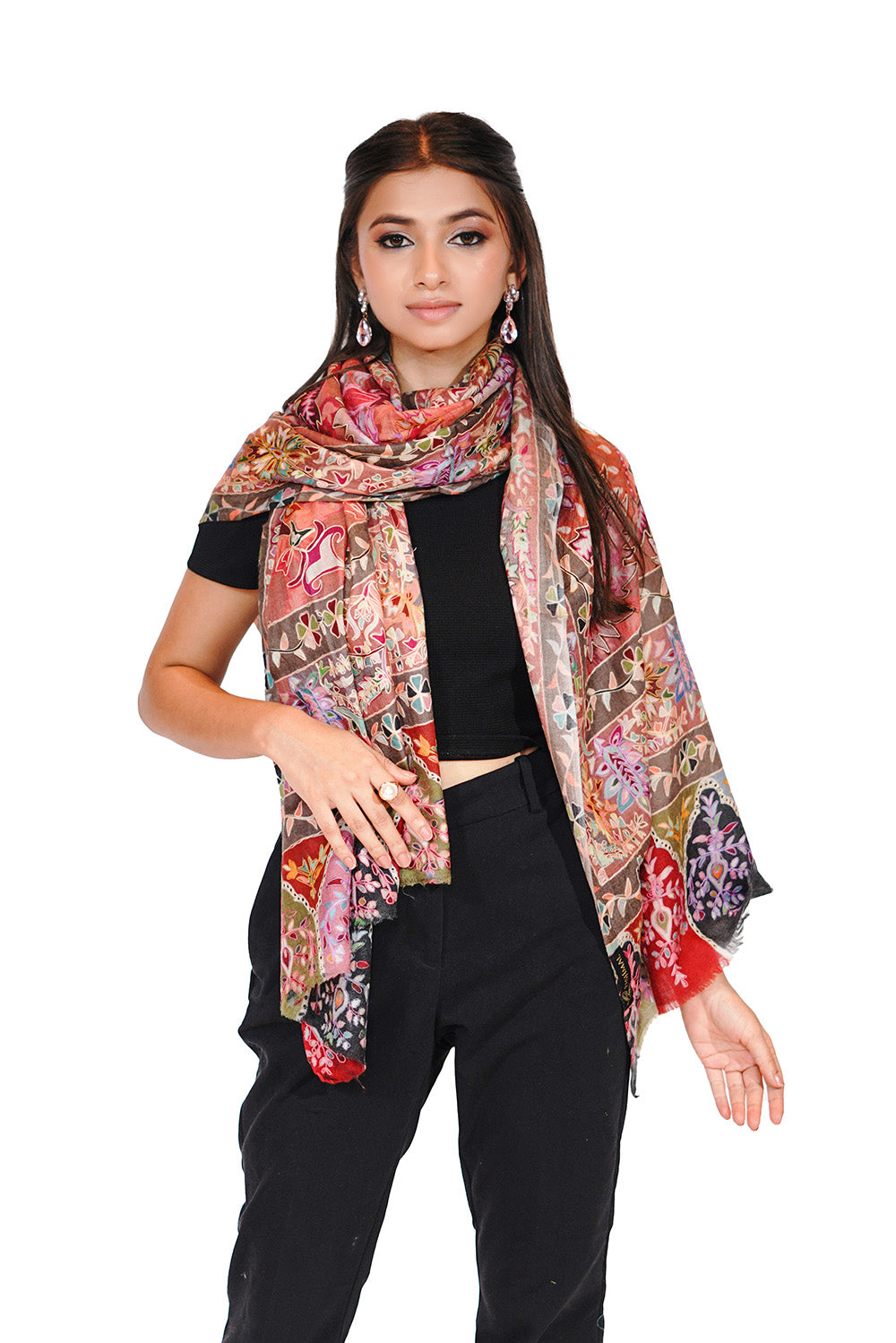 Heritage Hand Embroidered Printed Stole for Women - Warm Peach