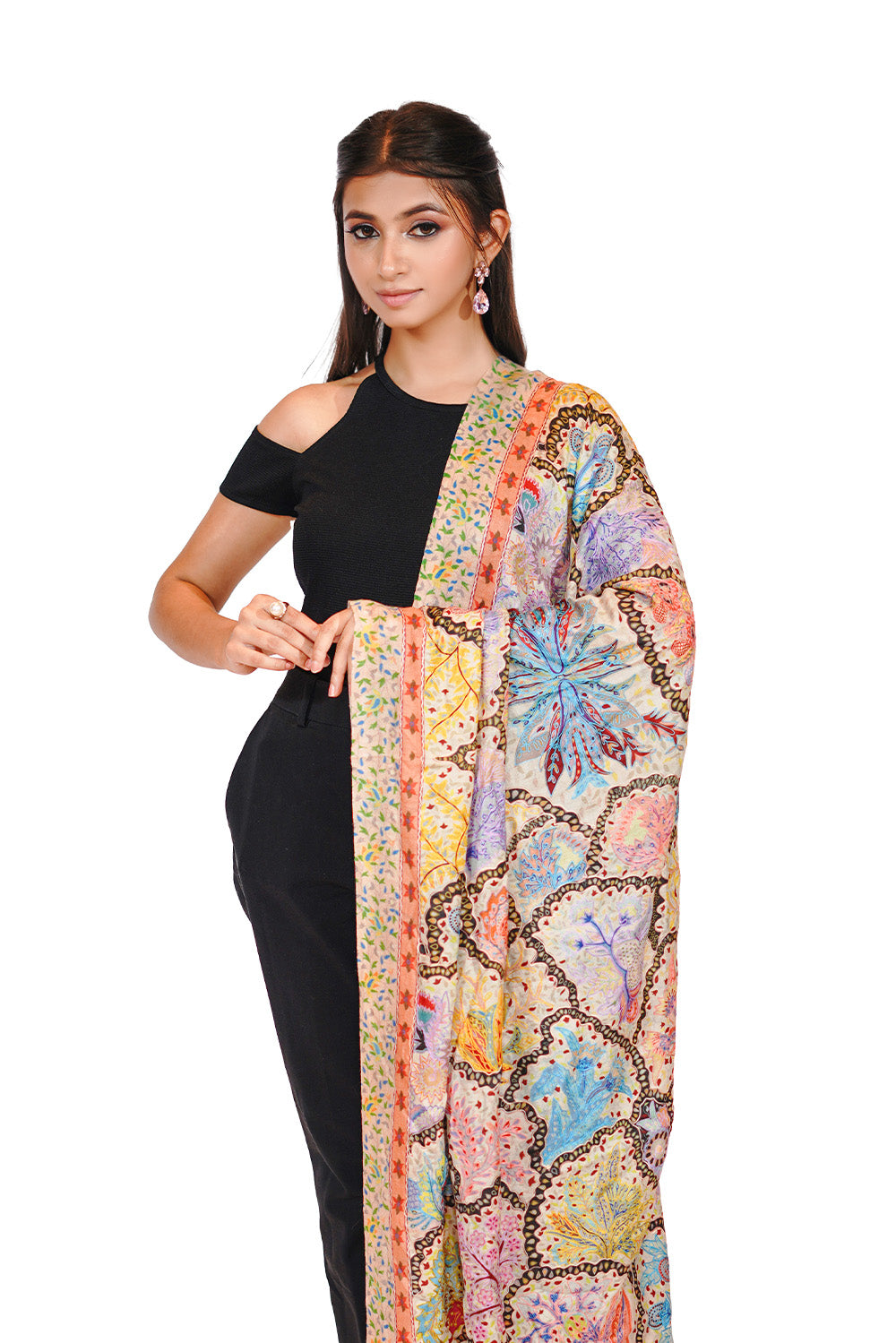 Heritage Pastel Hand Embroidered Printed Shawl for Women