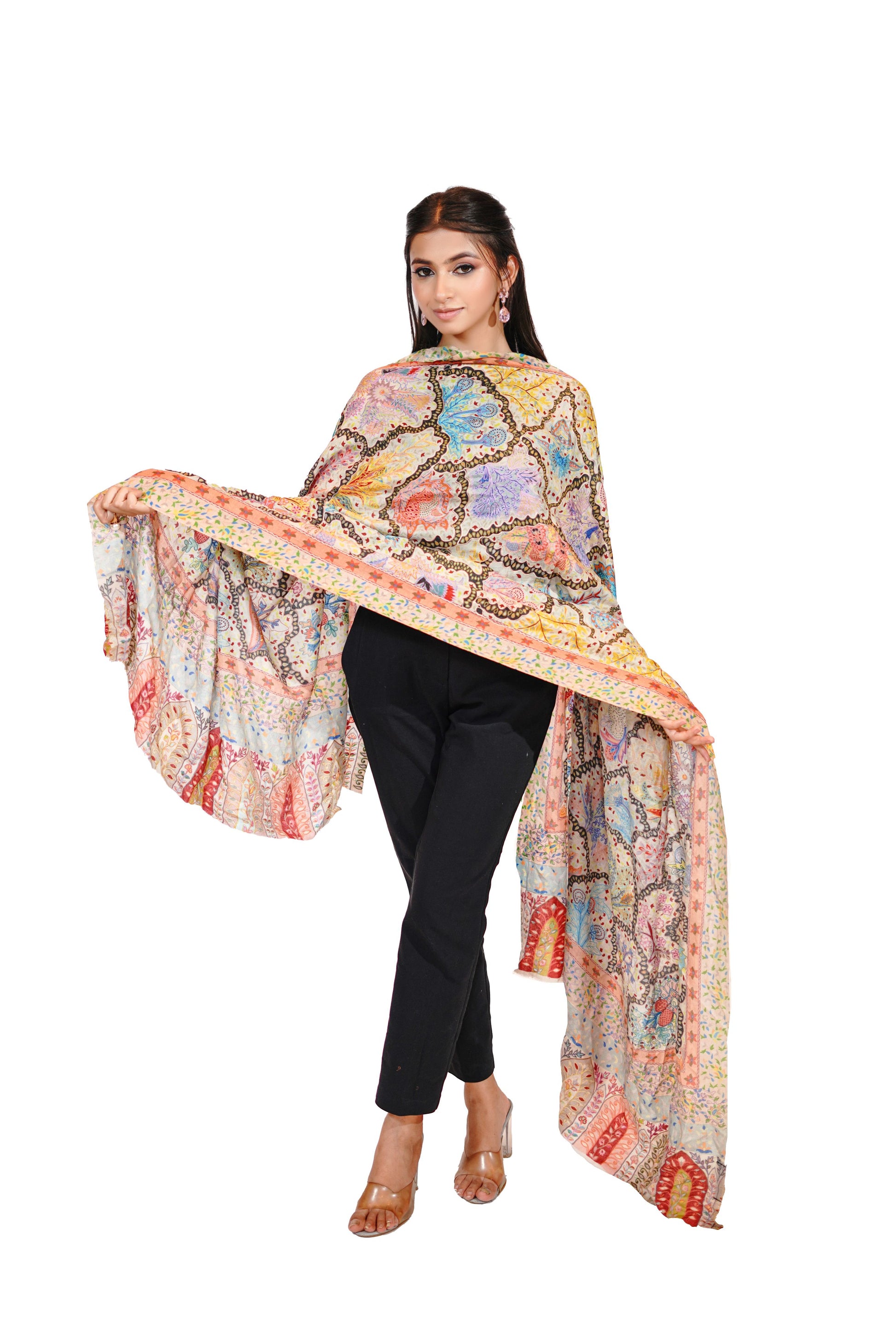 Heritage Pastel Hand Embroidered Printed Shawl for Women