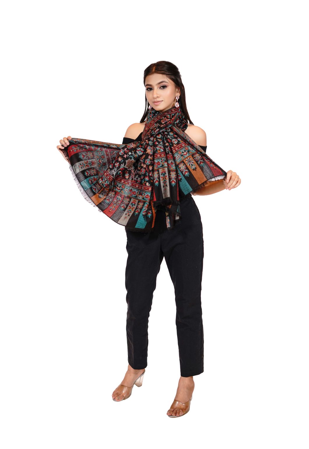 Heritage Mughal Darbaar Woollen Shawl for Women - Classic Black