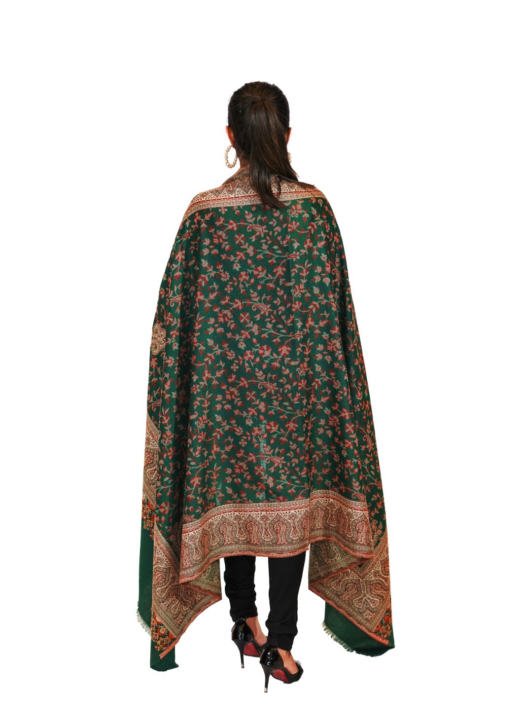 Pashmina Faux Traditional Jamawar Jaal Shawl - Forest Green