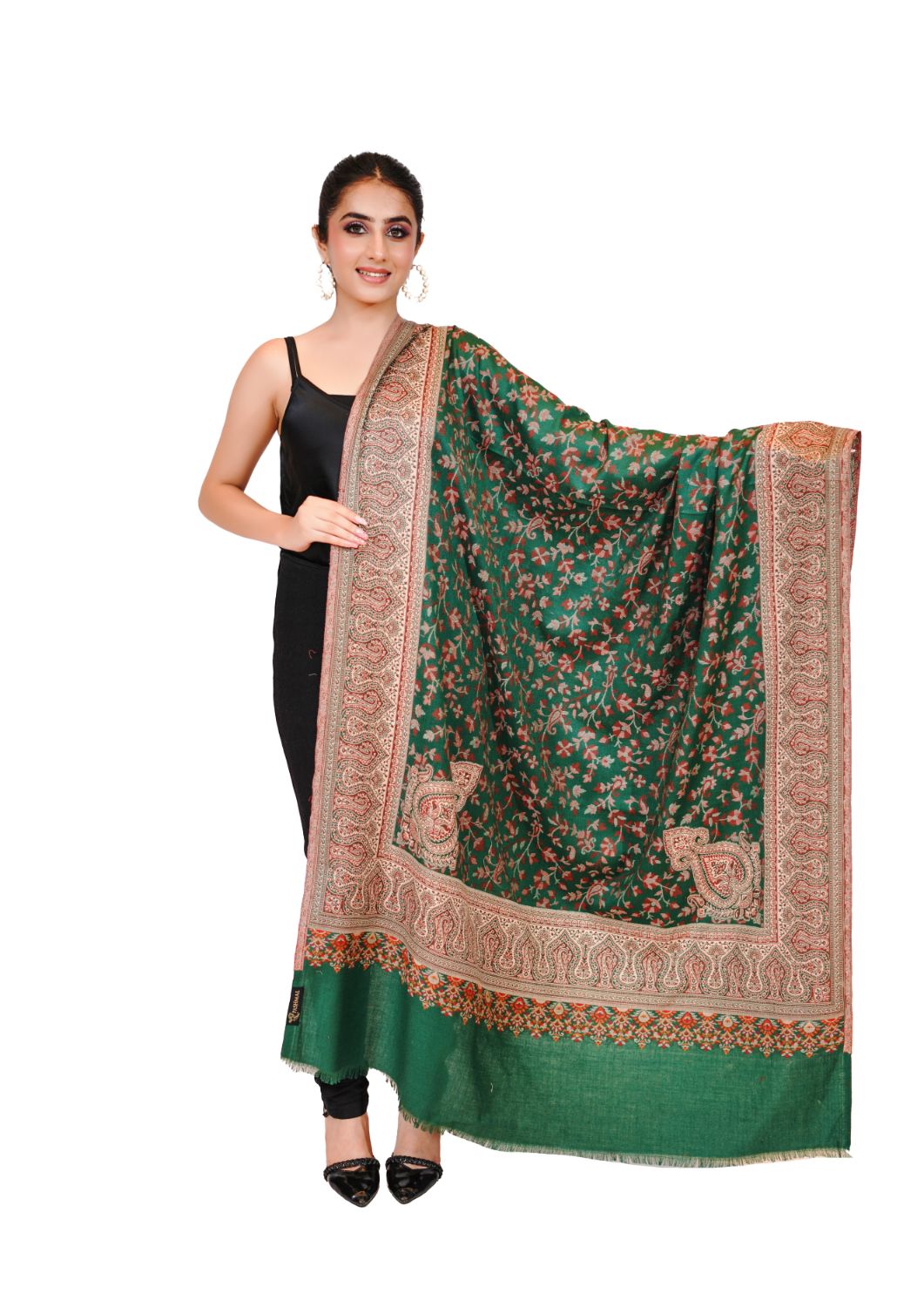 Pashmina Faux Traditional Jamawar Jaal Shawl - Forest Green