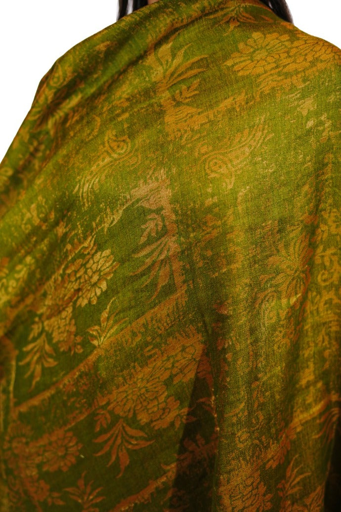 Women's Reversible Silk Blend Shawl with Zari Work - Golden Green