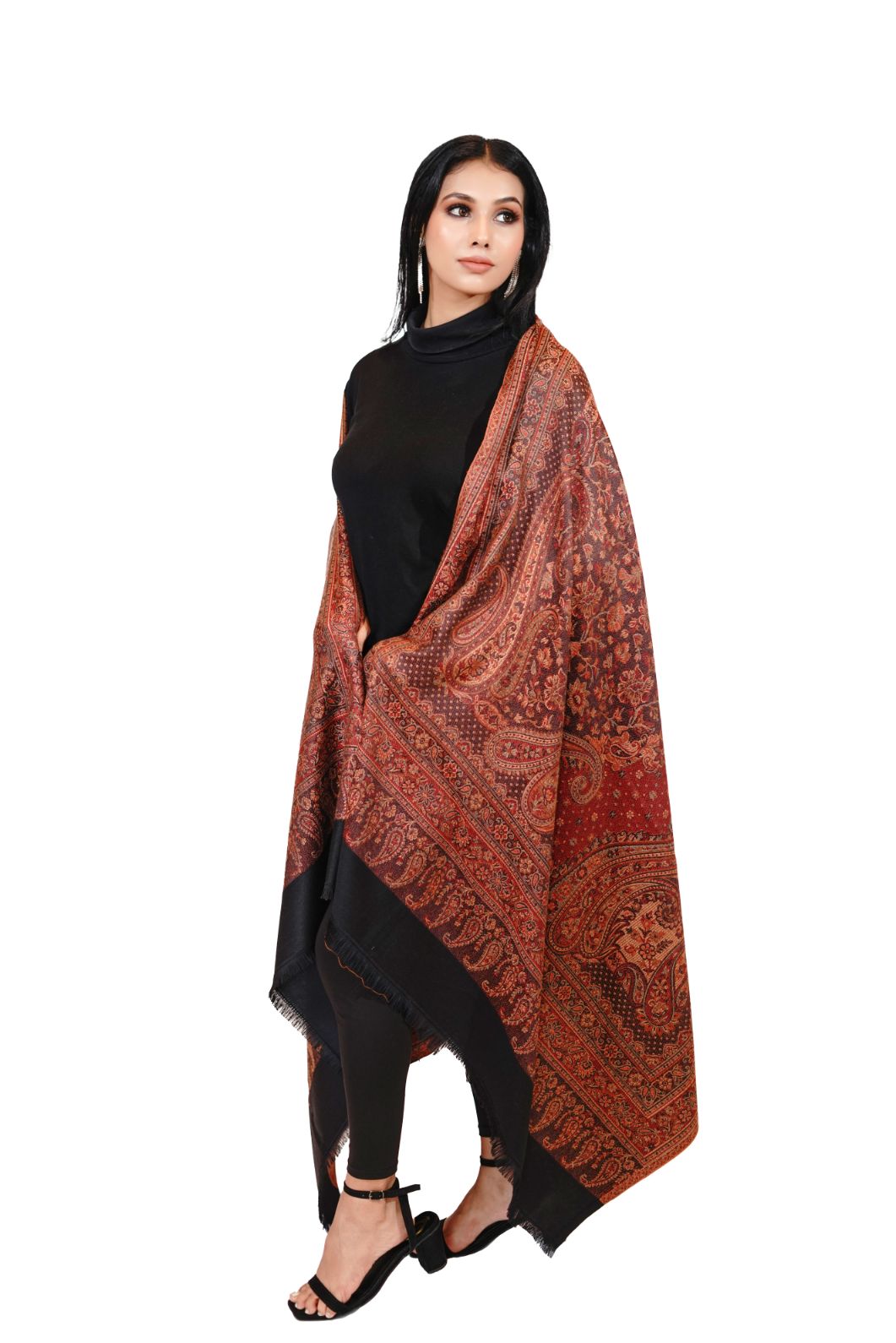Women's Traditional Pashmina Faux Shawl- Black & Maroon Mosaic