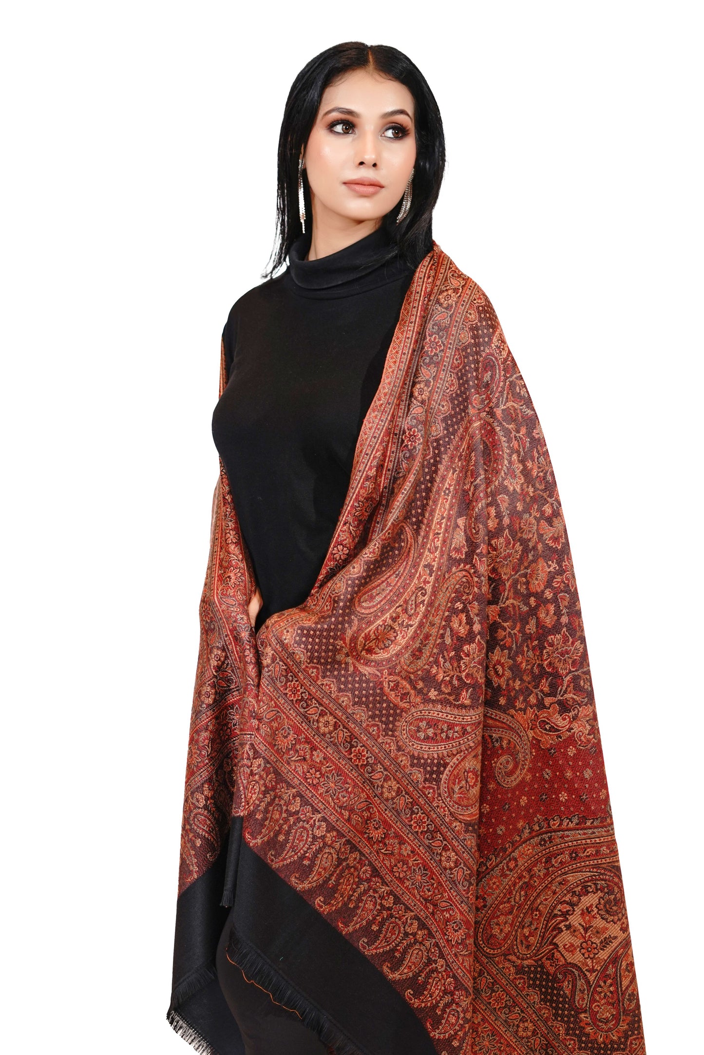 Women's Traditional Pashmina Faux Shawl- Black & Maroon Mosaic