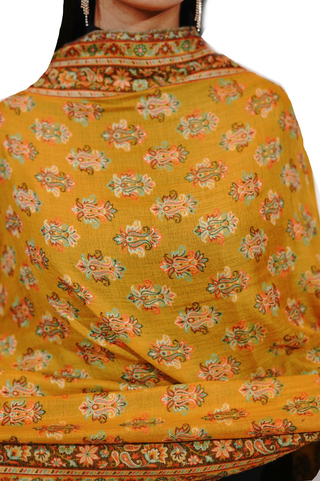 Women's Wool Blend Antique Shawl with Booti Design - Mustard Yellow