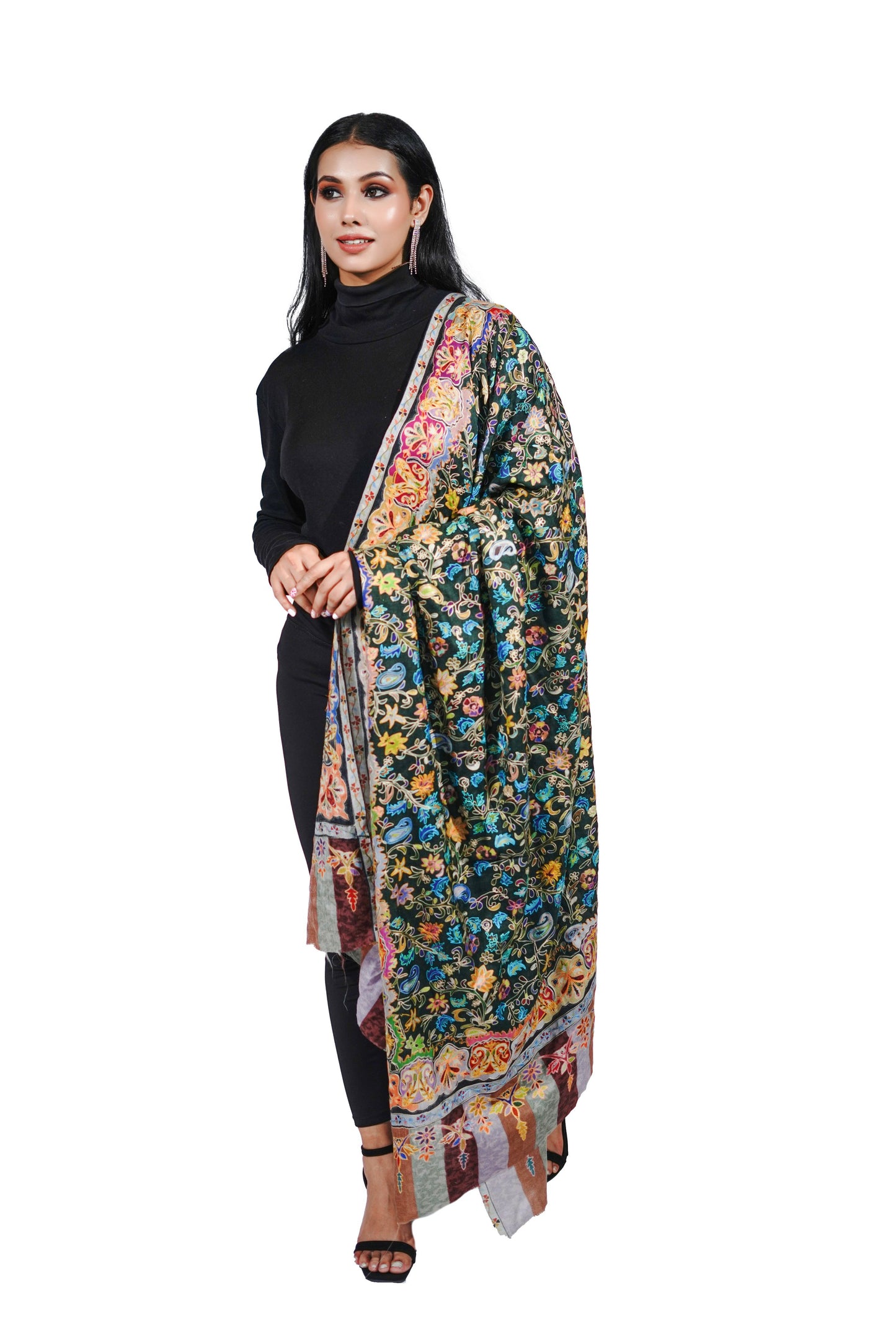 Heritage Black Embroidered Printed Shawl for Women