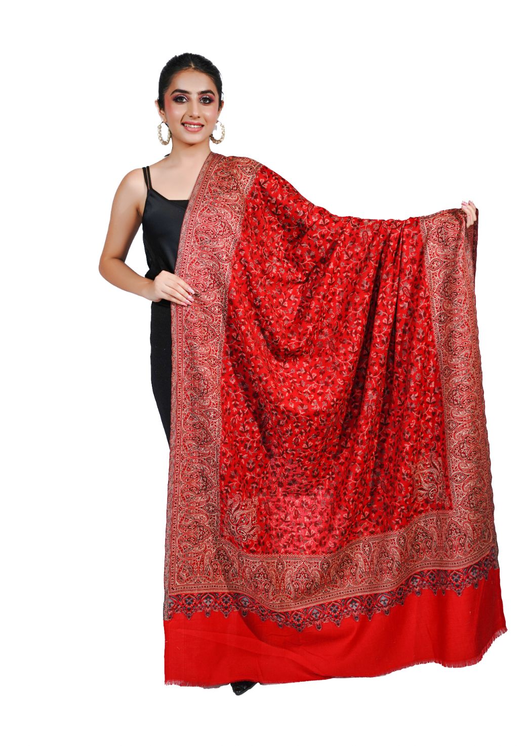 Pashmina Faux Traditional Jamawar Jaal Shawl - Crimson Red