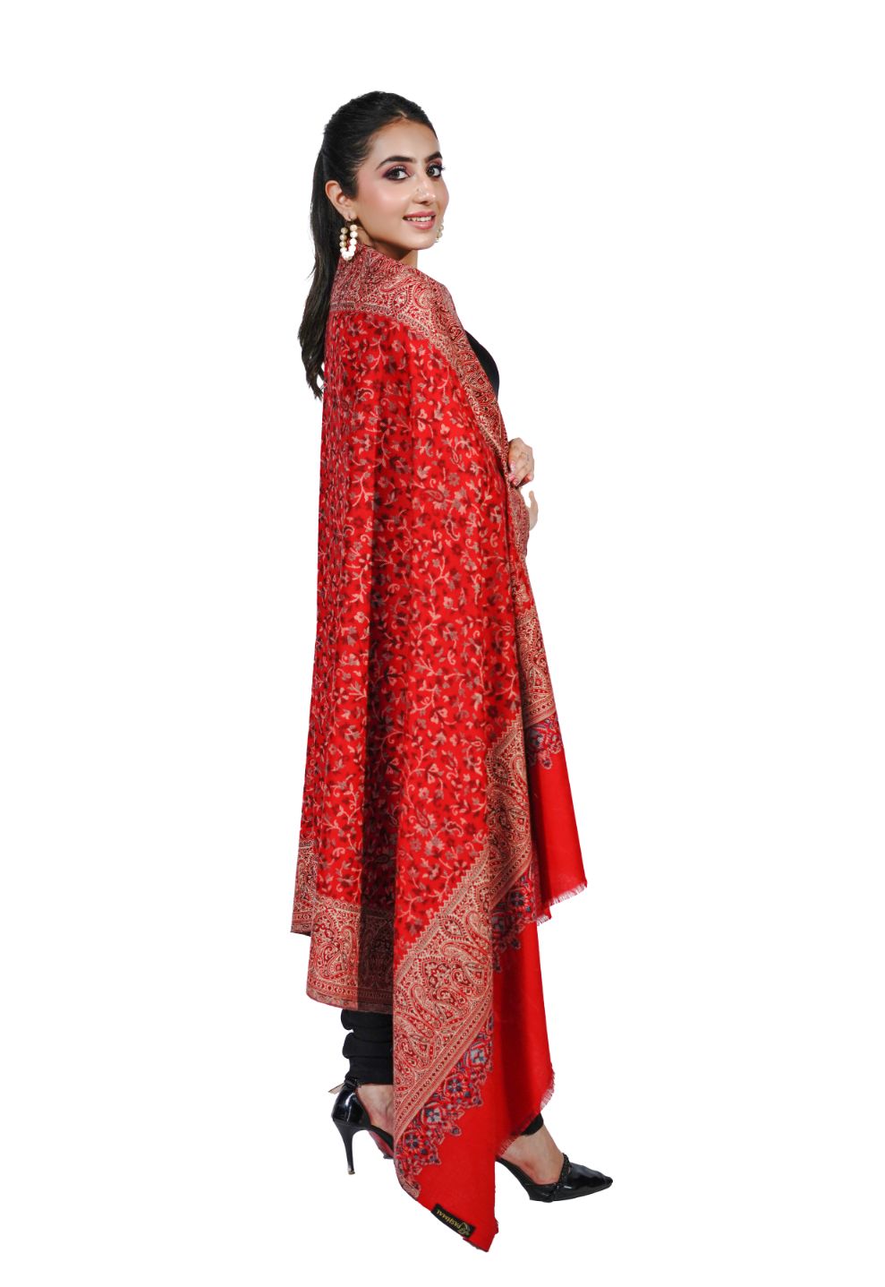 Pashmina Faux Traditional Jamawar Jaal Shawl - Crimson Red
