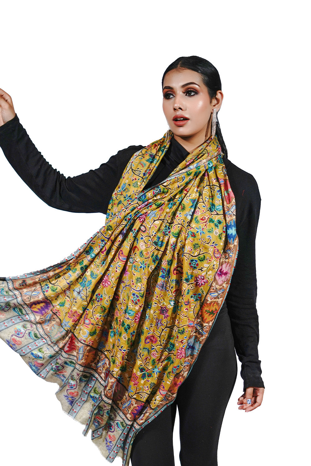 Heritage Amber-Yellow Hand Embroidered Printed Shawl for Women