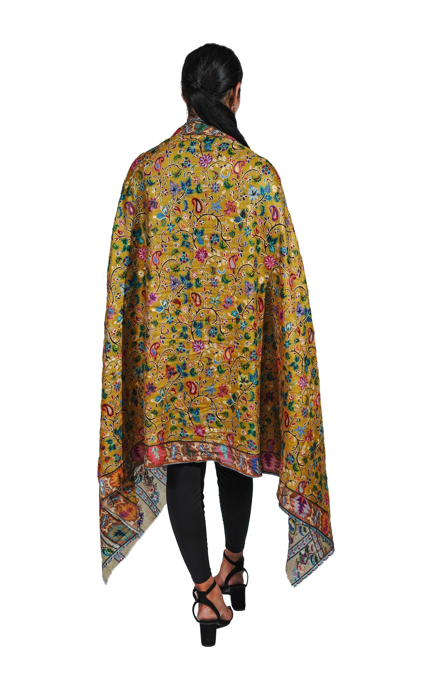 Heritage Amber-Yellow Hand Embroidered Printed Shawl for Women