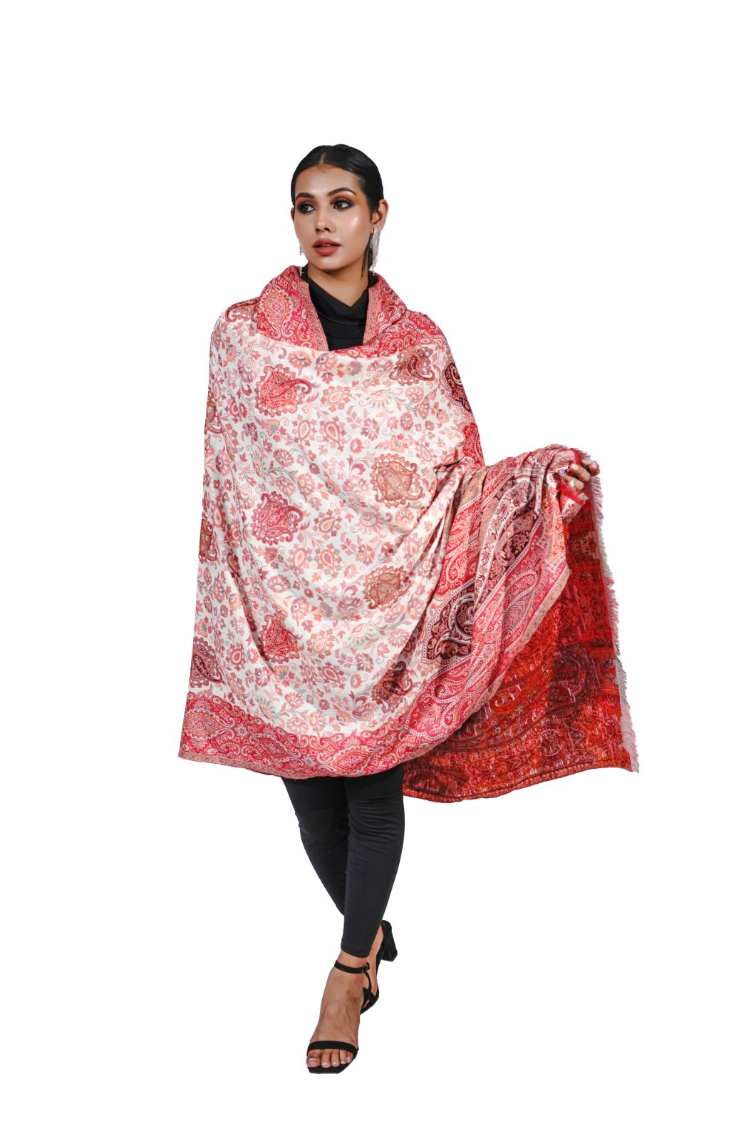 Pashmina Faux Gulabdar Red & White Traditional Kani Shawl