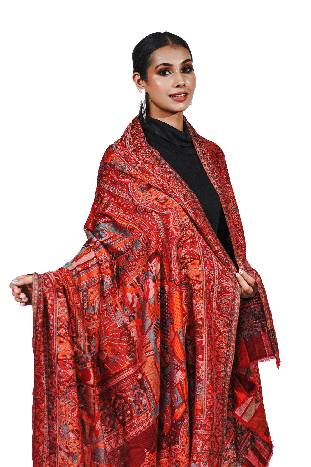 Heritage Mughal Darbaar Woolen Shawl for Women - Regal Red