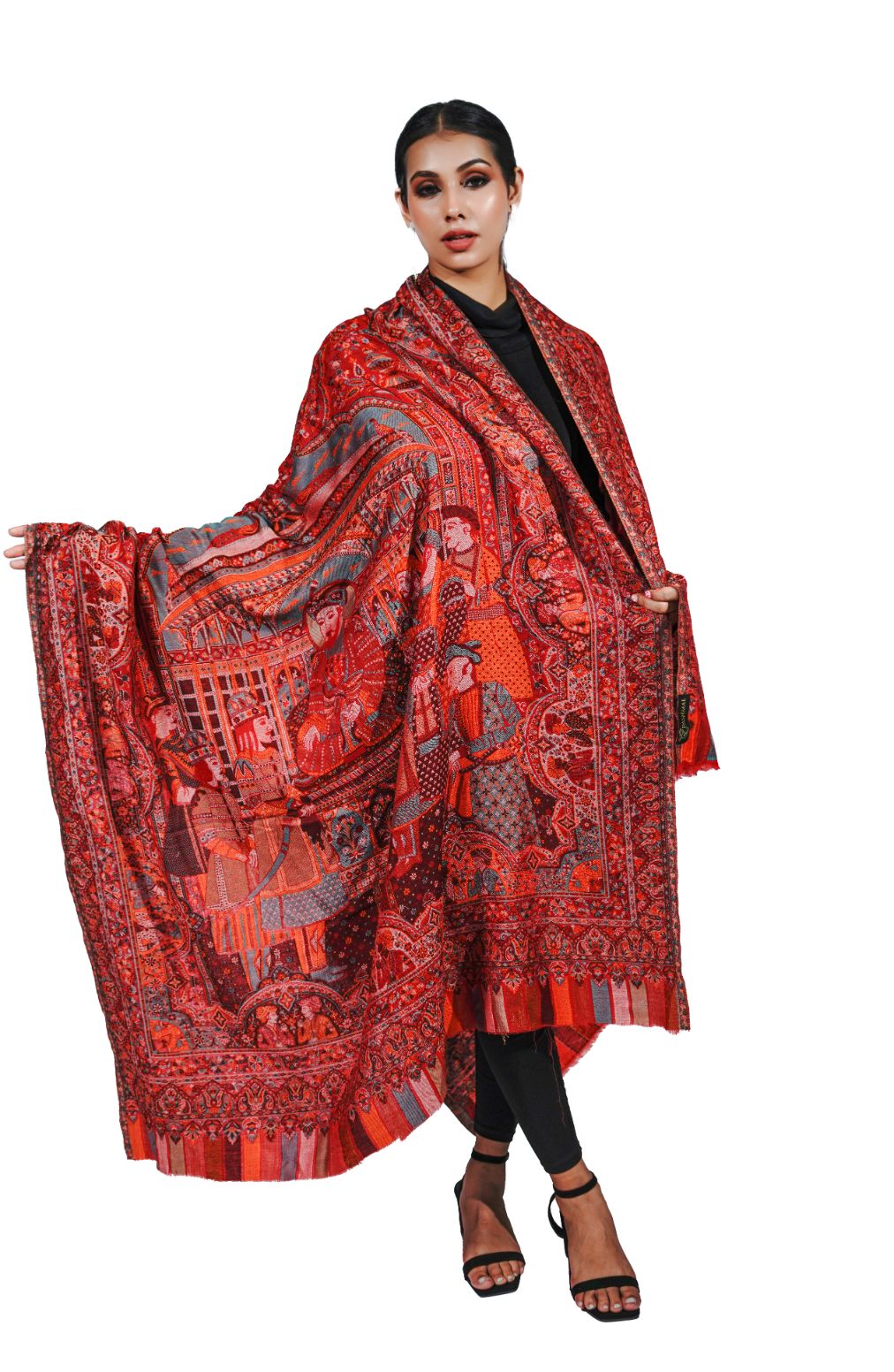 Heritage Mughal Darbaar Woolen Shawl for Women - Regal Red