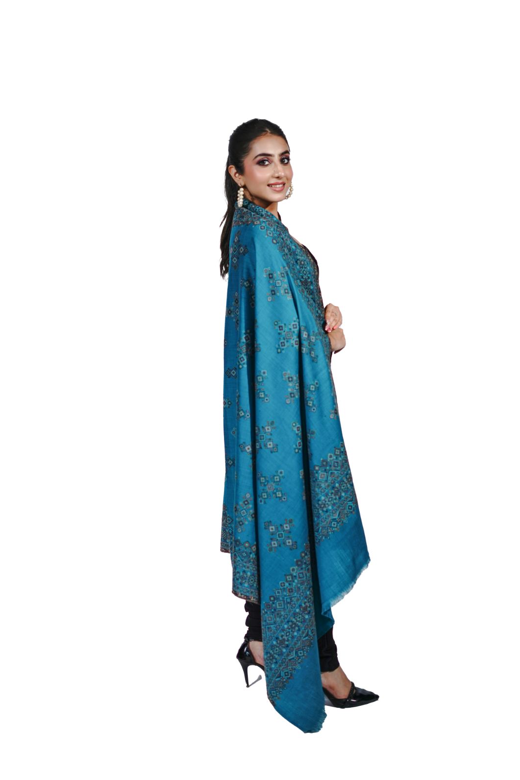 Wool Blend Traditional Jamawar Kani Shawl for Women - Shimmering Blue