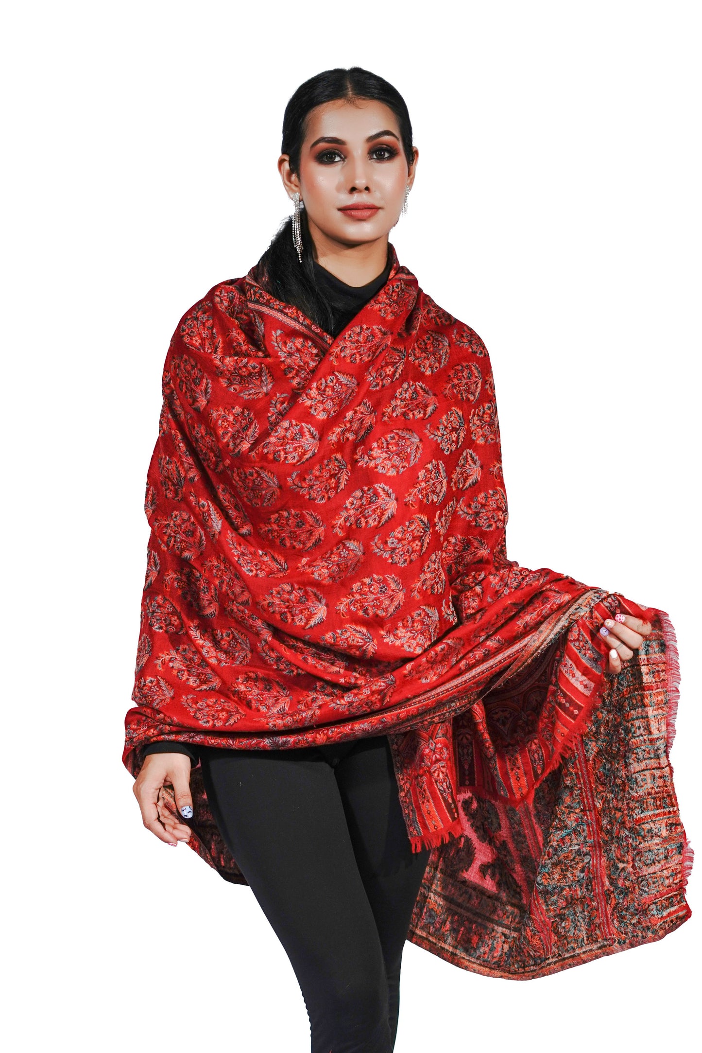 Women's Wool Blend Antique Shawl with Booti Design - Ruby Red