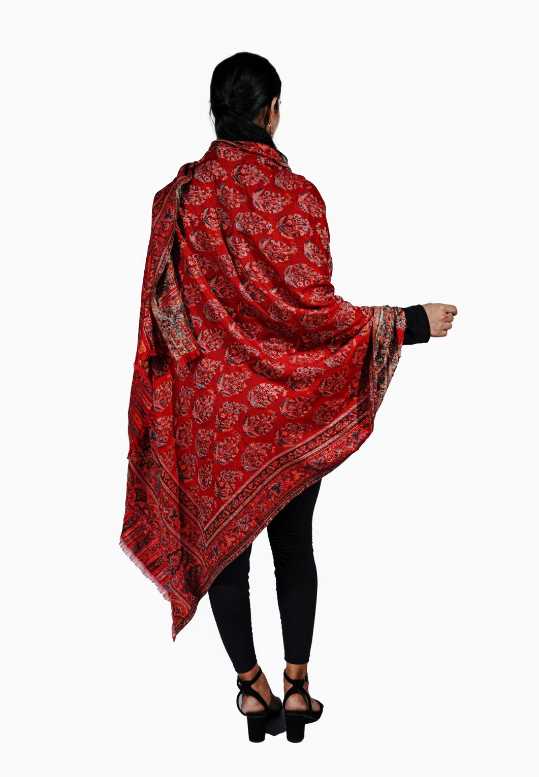 Women's Wool Blend Antique Shawl with Booti Design - Ruby Red