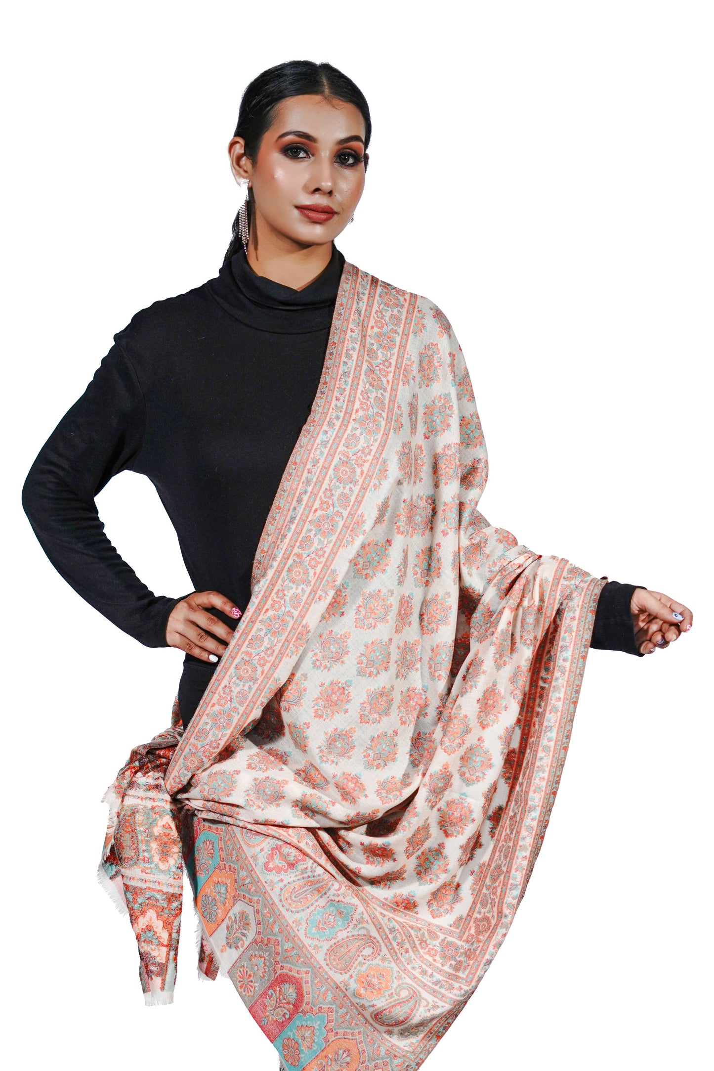 Women's Wool Blend Antique Shawl with Booti Design - Pastel Palette