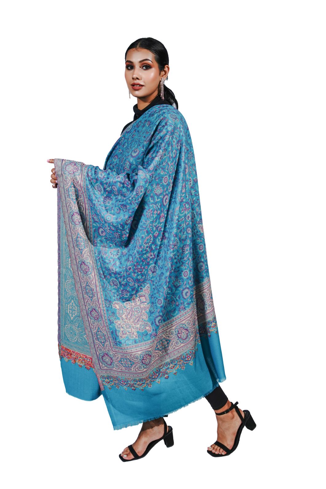 Pashmina Faux Traditional Jamawar Jaal Shawl - Icy Blue