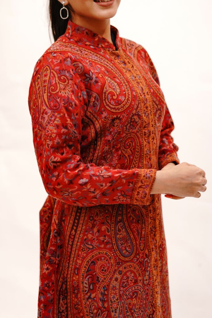 Unstiched Vintage Jamawar Jacket for Women - Rustic Red