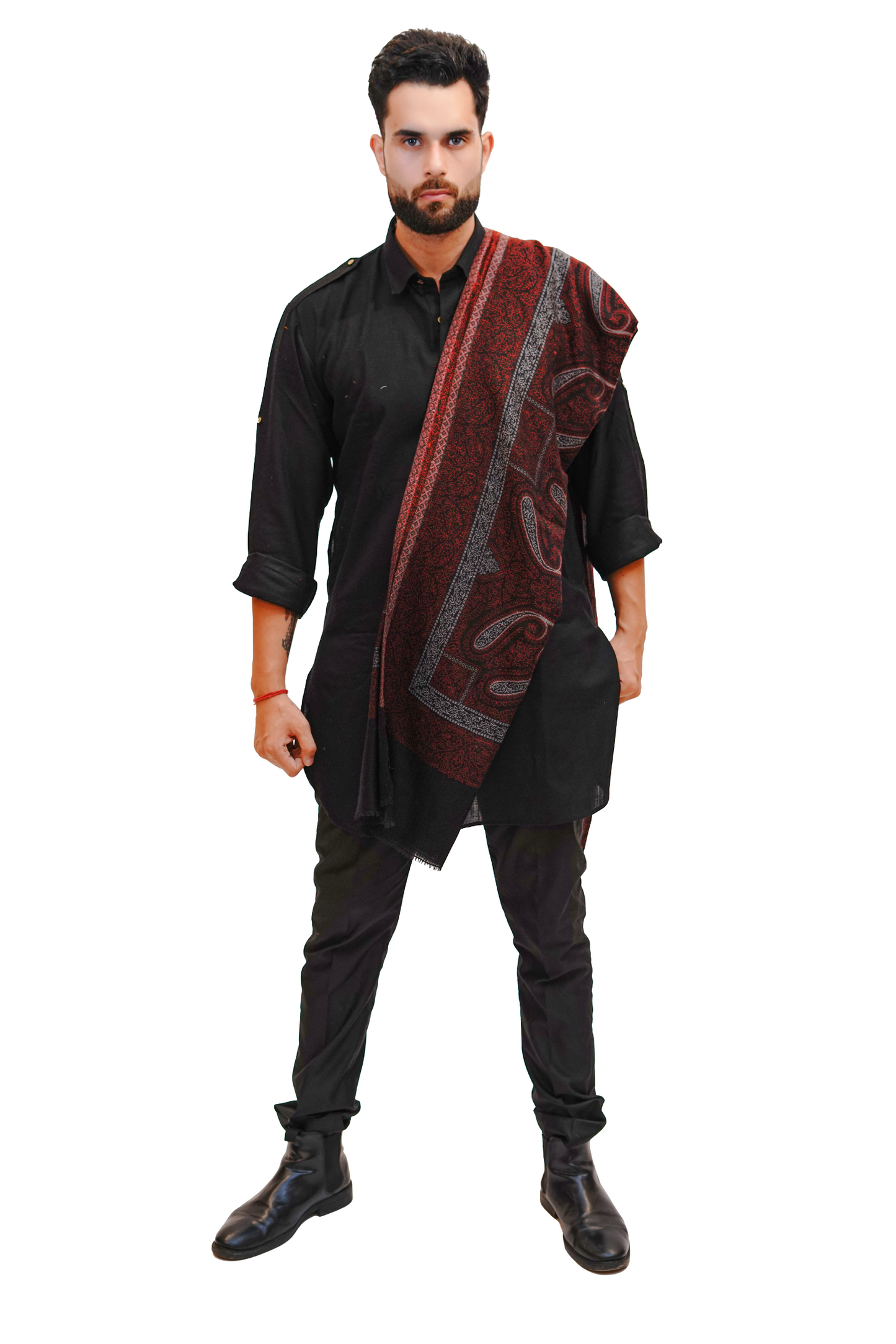 Traditional Paisley Design Wool Blend Shawl for Men - Classic Black