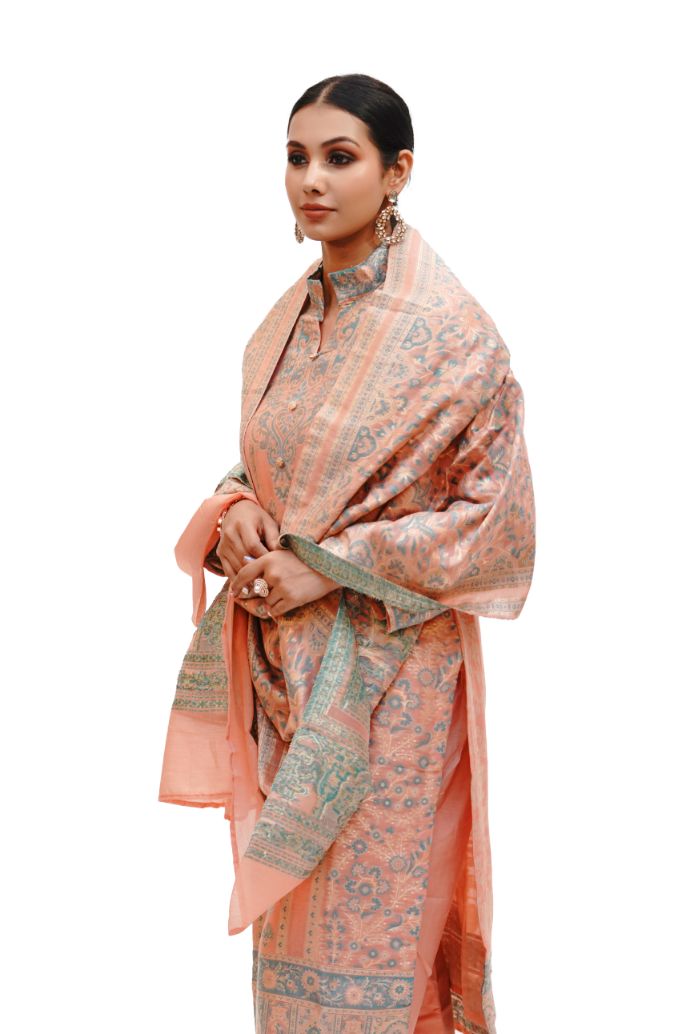 Traditional Kani Zari Suit For Women (Unstitched) - Peach Passion
