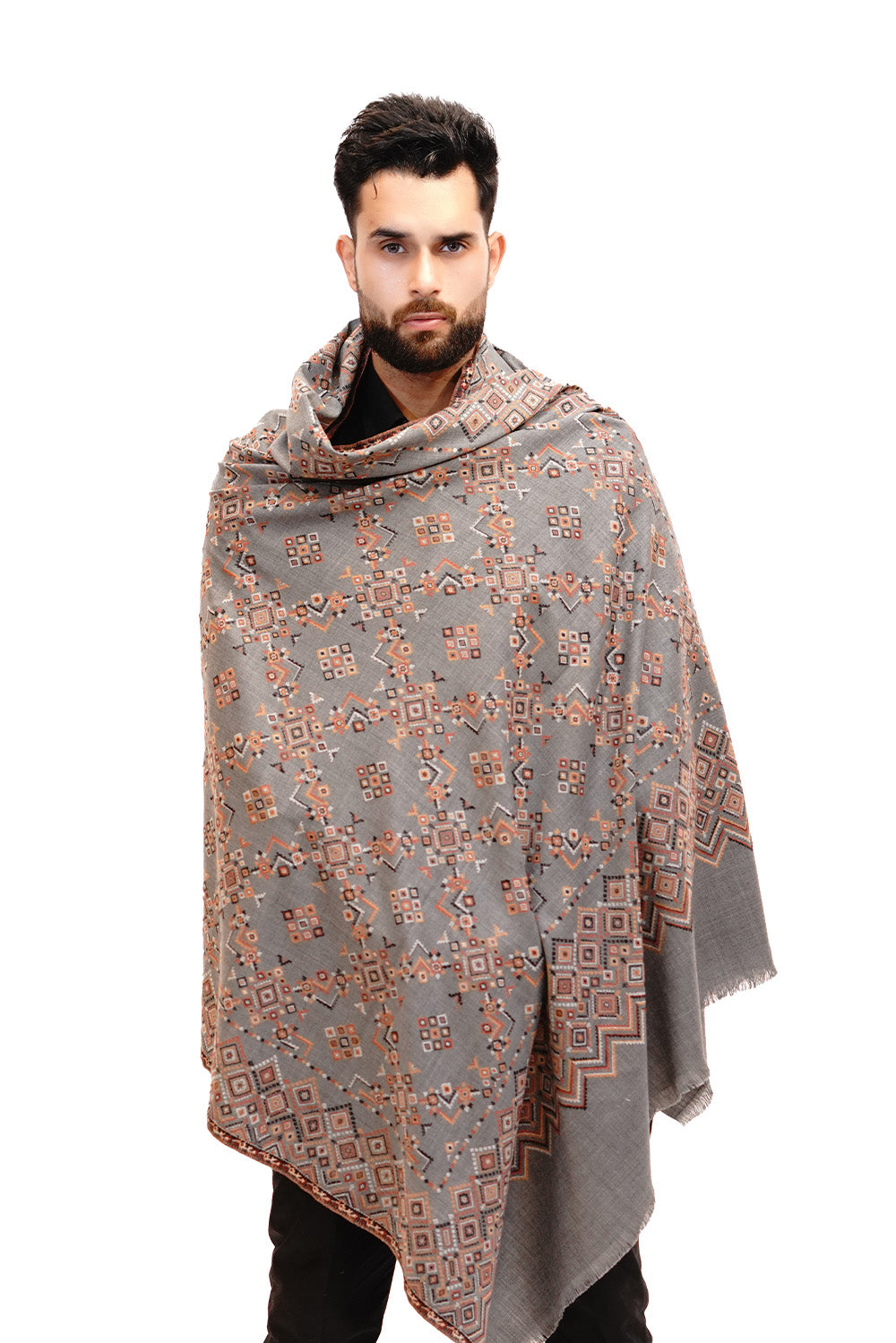 Wool Blend Traditional Jamawar Shawl for Men - Subtle Grey