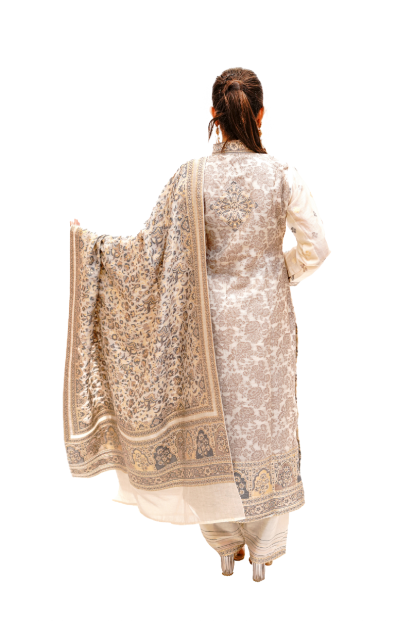 Traditional Kani Zari Suit For Women (Unstitched) - Ivory Indian silk