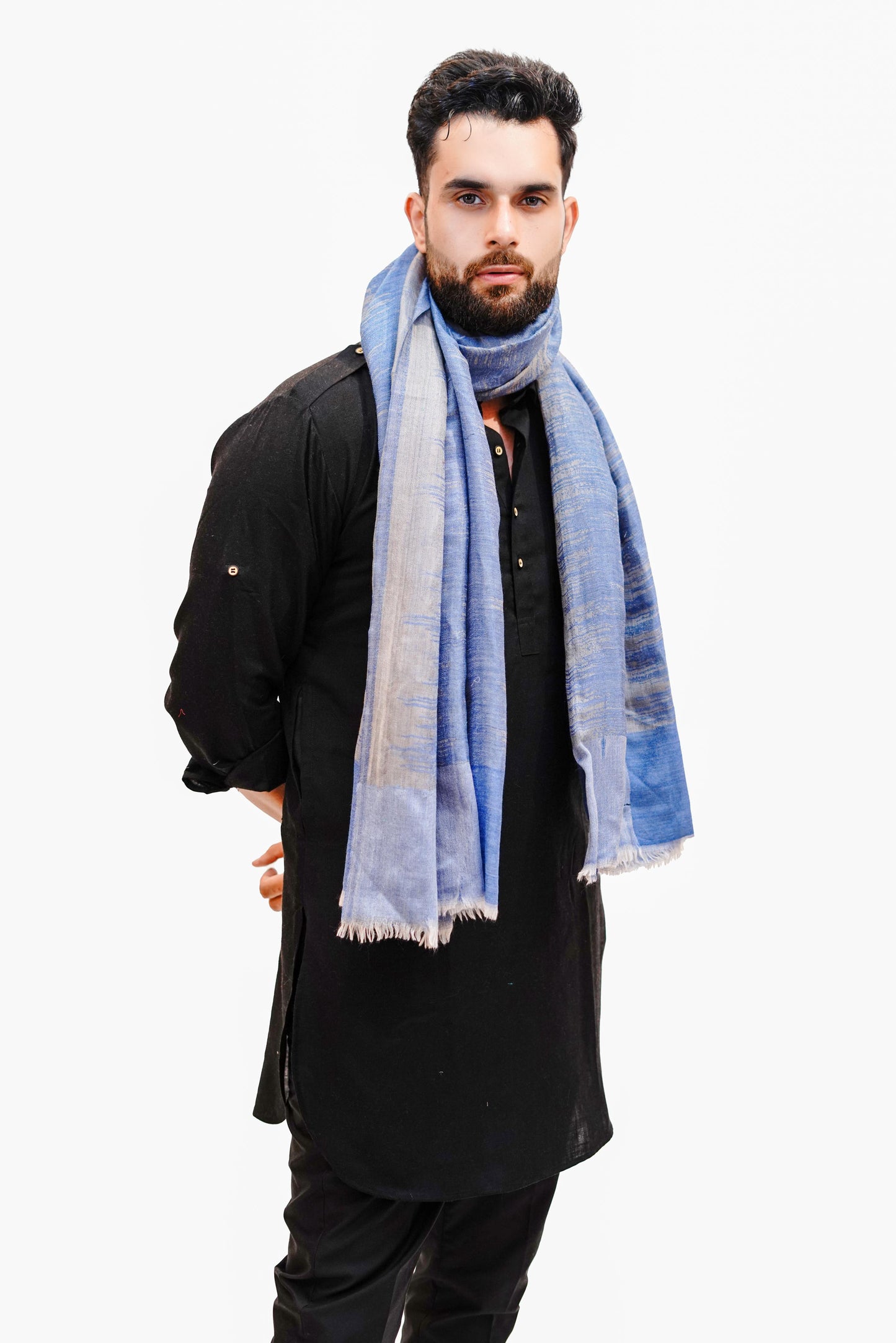 Woollen Zari Stole for Men - Icy Blue | Extra Soft & Warm