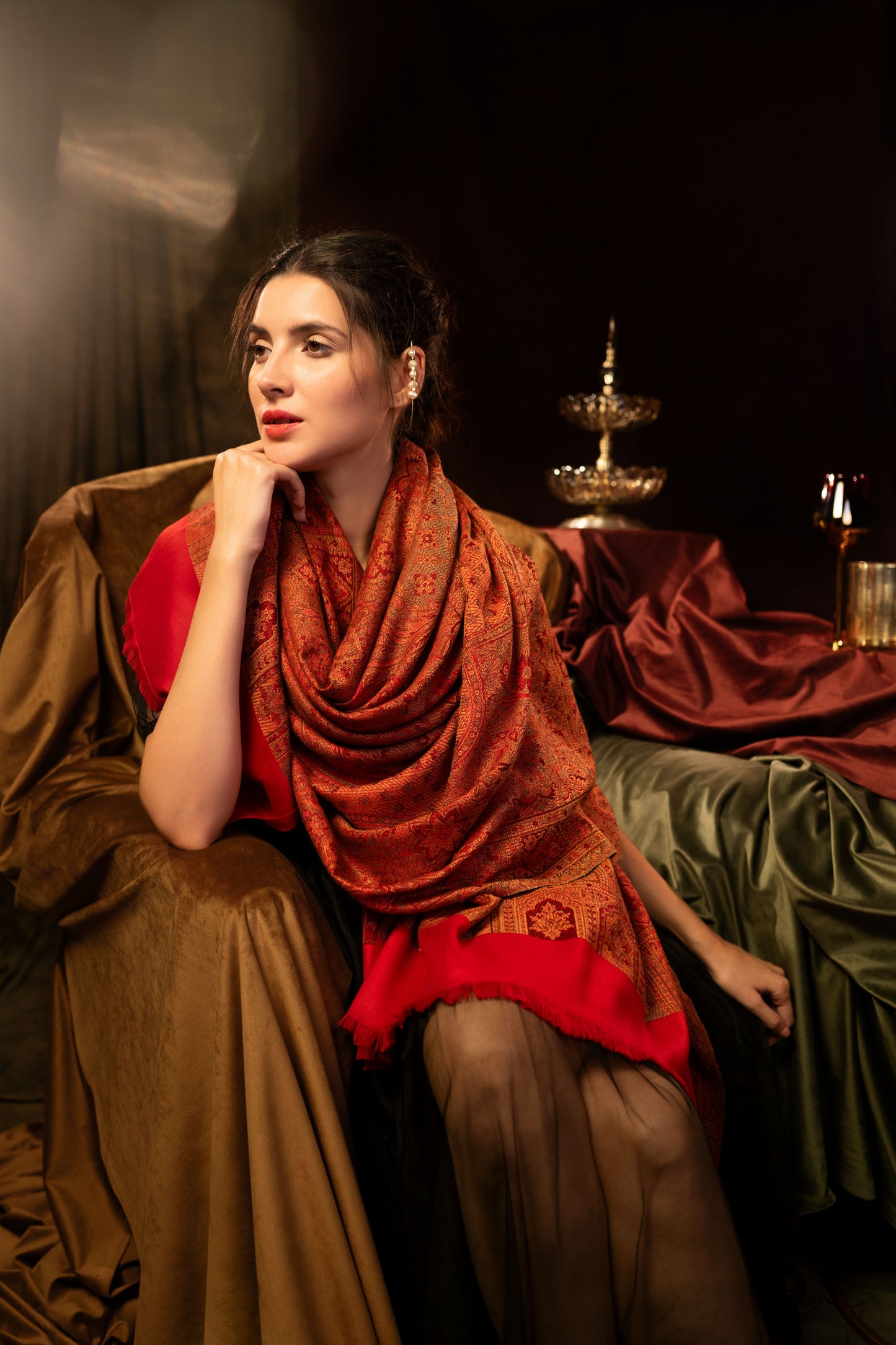 Faux Pashmina Ruby Traditional Kalamkari Shawl for Women | Full Size, Extra Soft