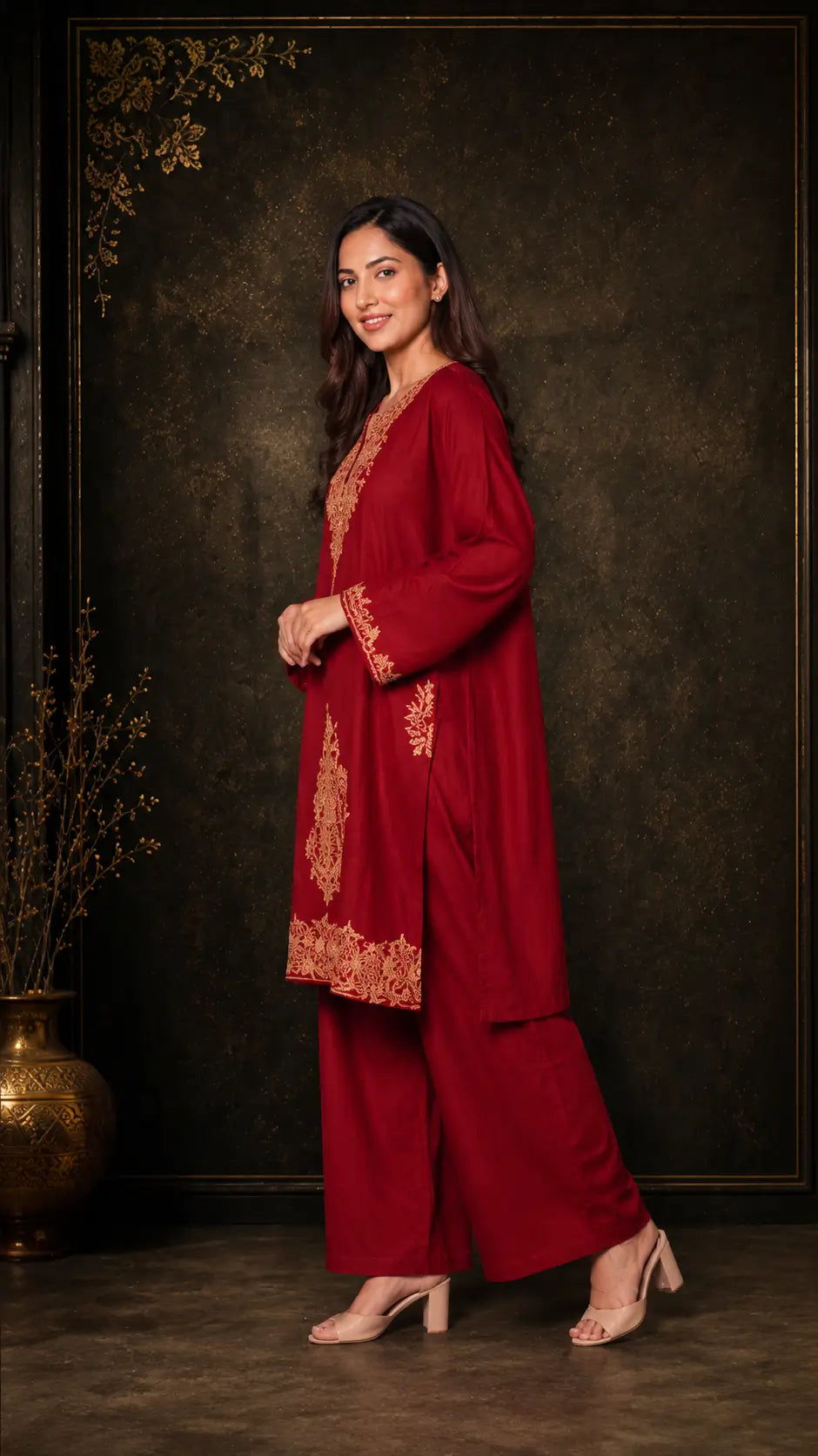 Anaya Maroon Gold Embroidered Pheran