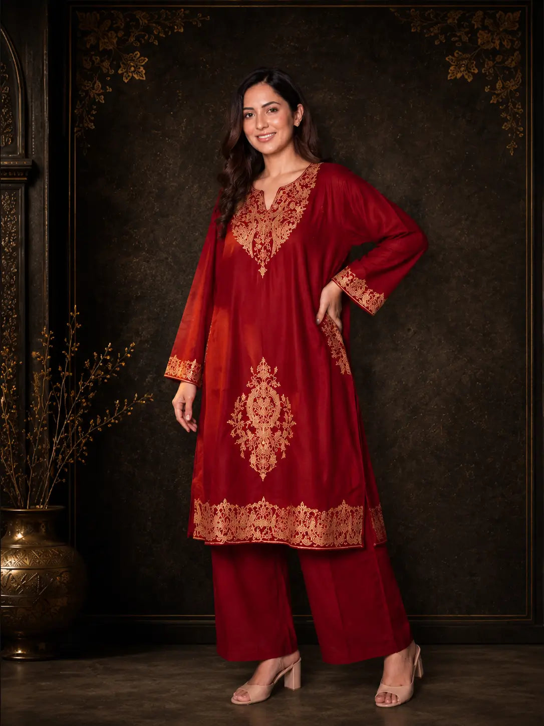 Anaya Maroon Gold Embroidered Pheran
