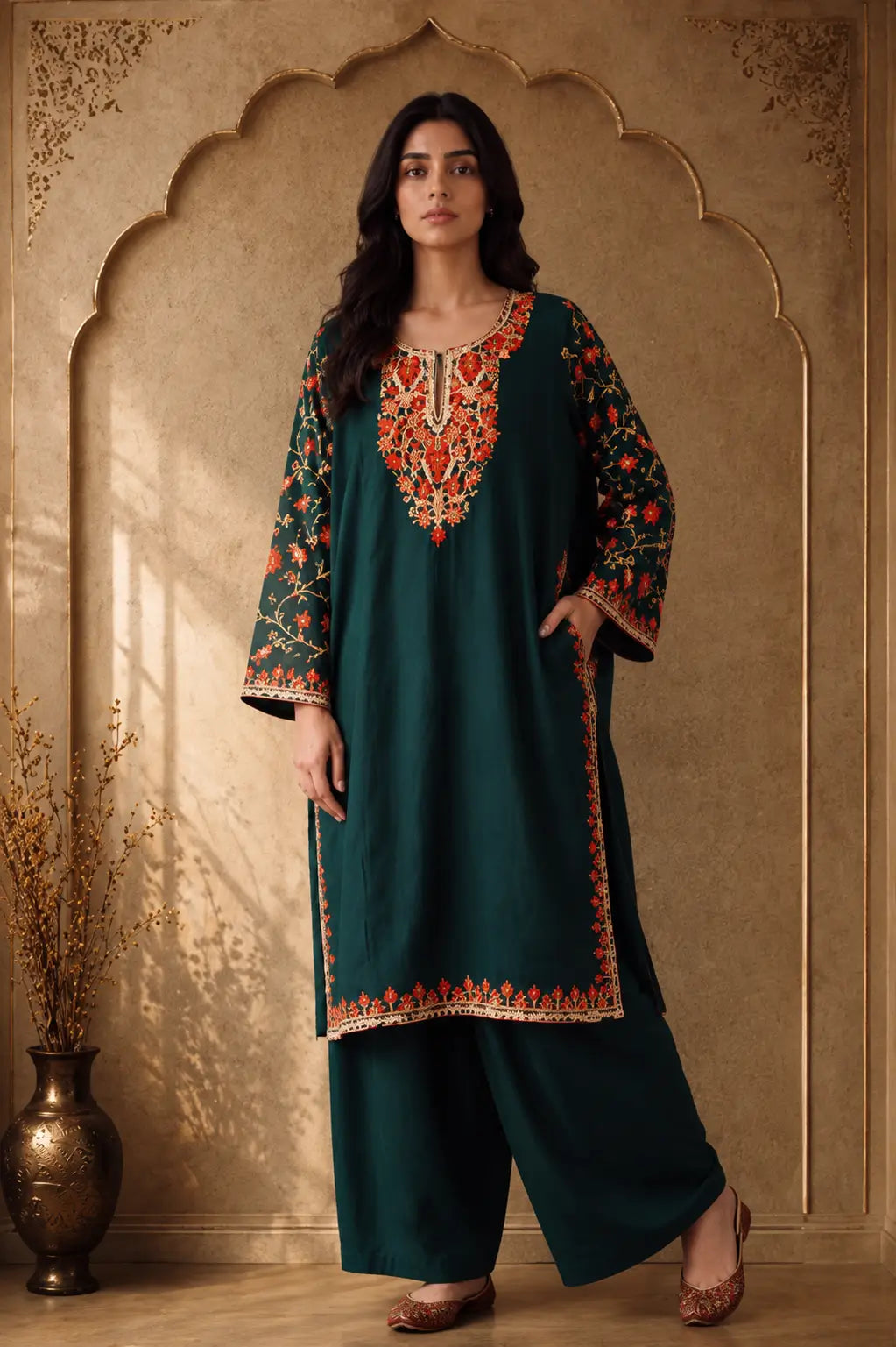 Meher Deep Teal Green Embroidered Pheran Set