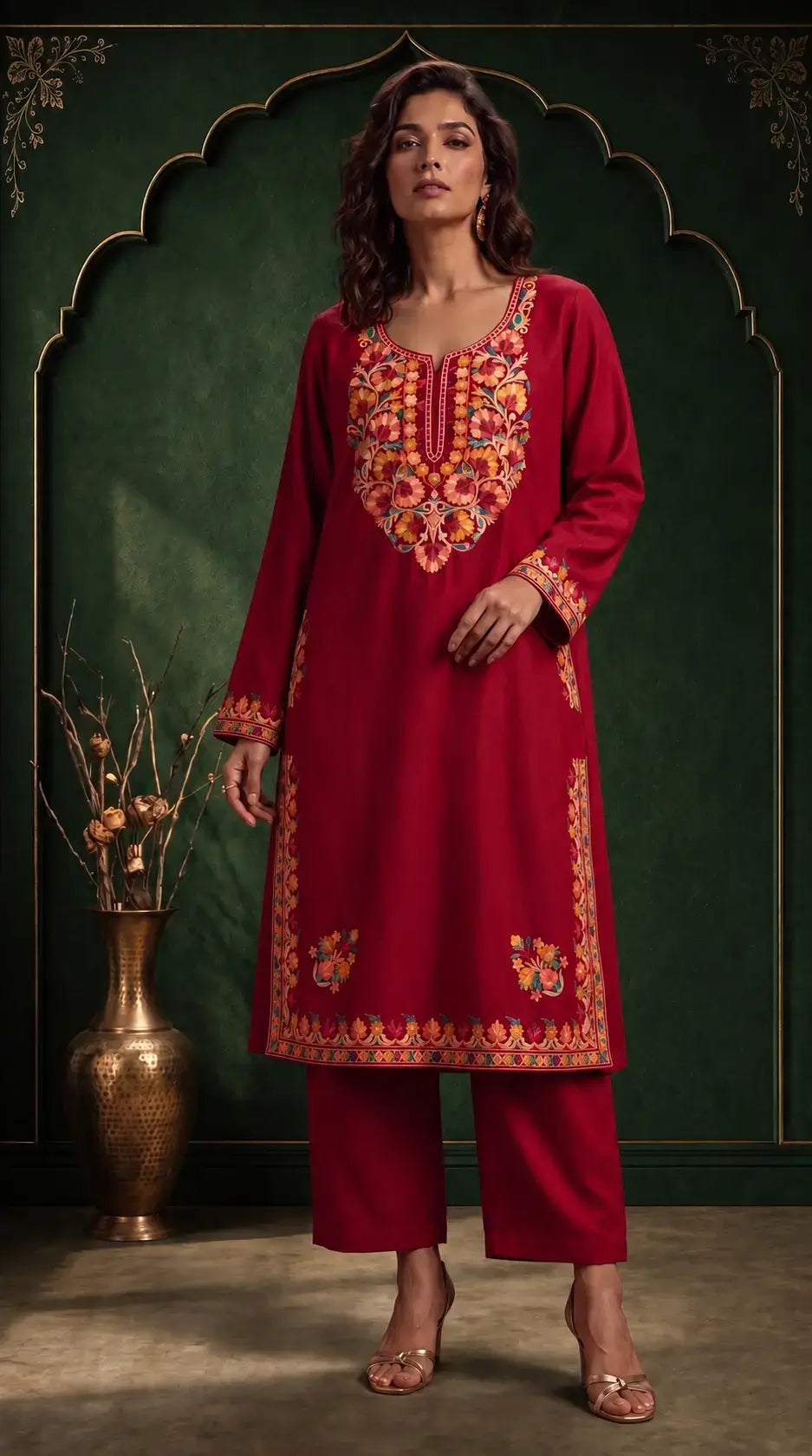 Ruhani Crimson Red Embroidered Pheran Set