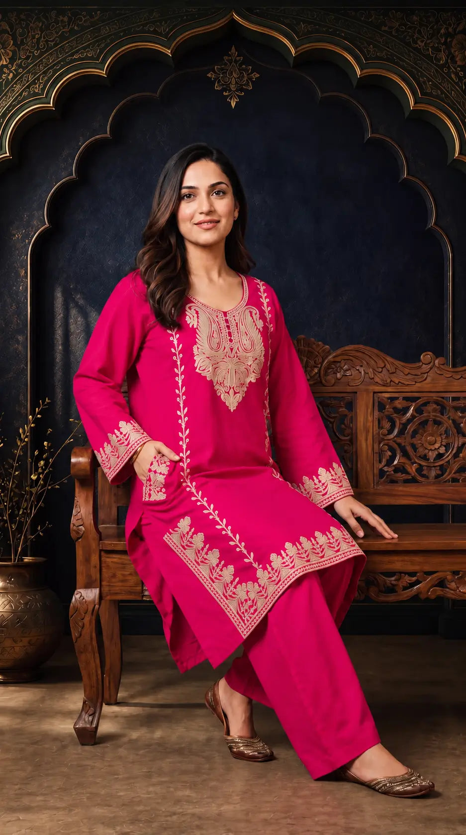 Gulnaar Fuchsia Pink Embroidered Pheran Set