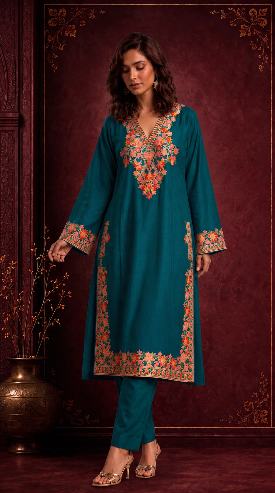 Zehra Teal Blue Embroidered Pheran Set