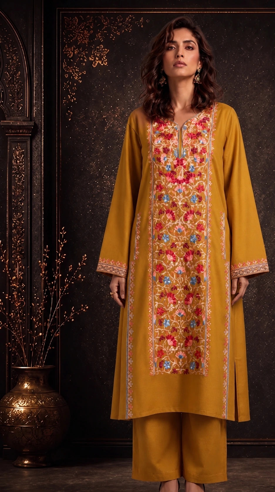 Inaya Mustard Ochre Embroidered Pheran Set