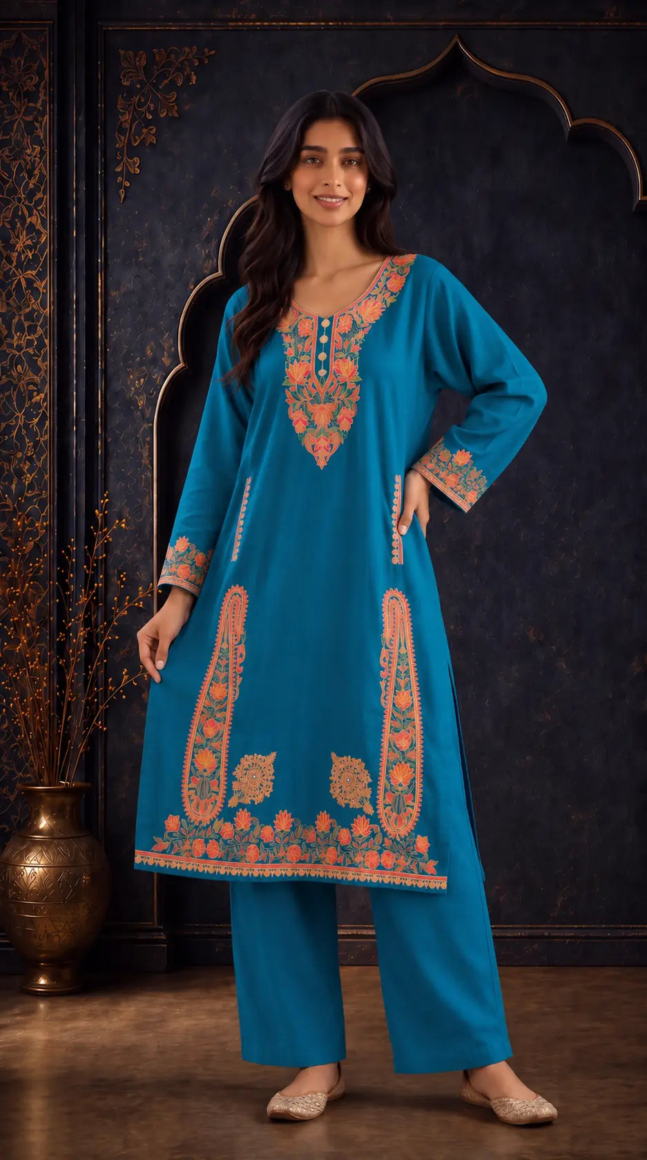 Zoya Turquoise Blue Embroidered Pheran Set