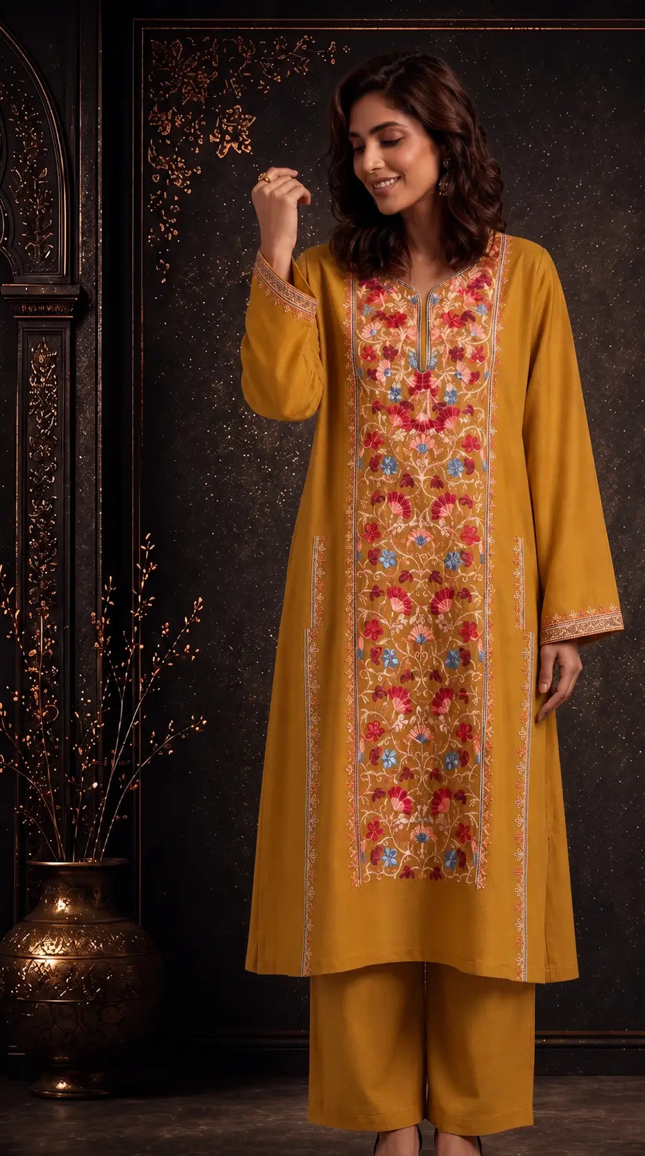 Nyra Mustard Yellow Embroidered Pheran