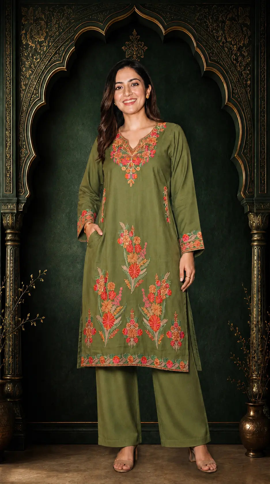 Meher Olive Green Embroidered Pheran Set