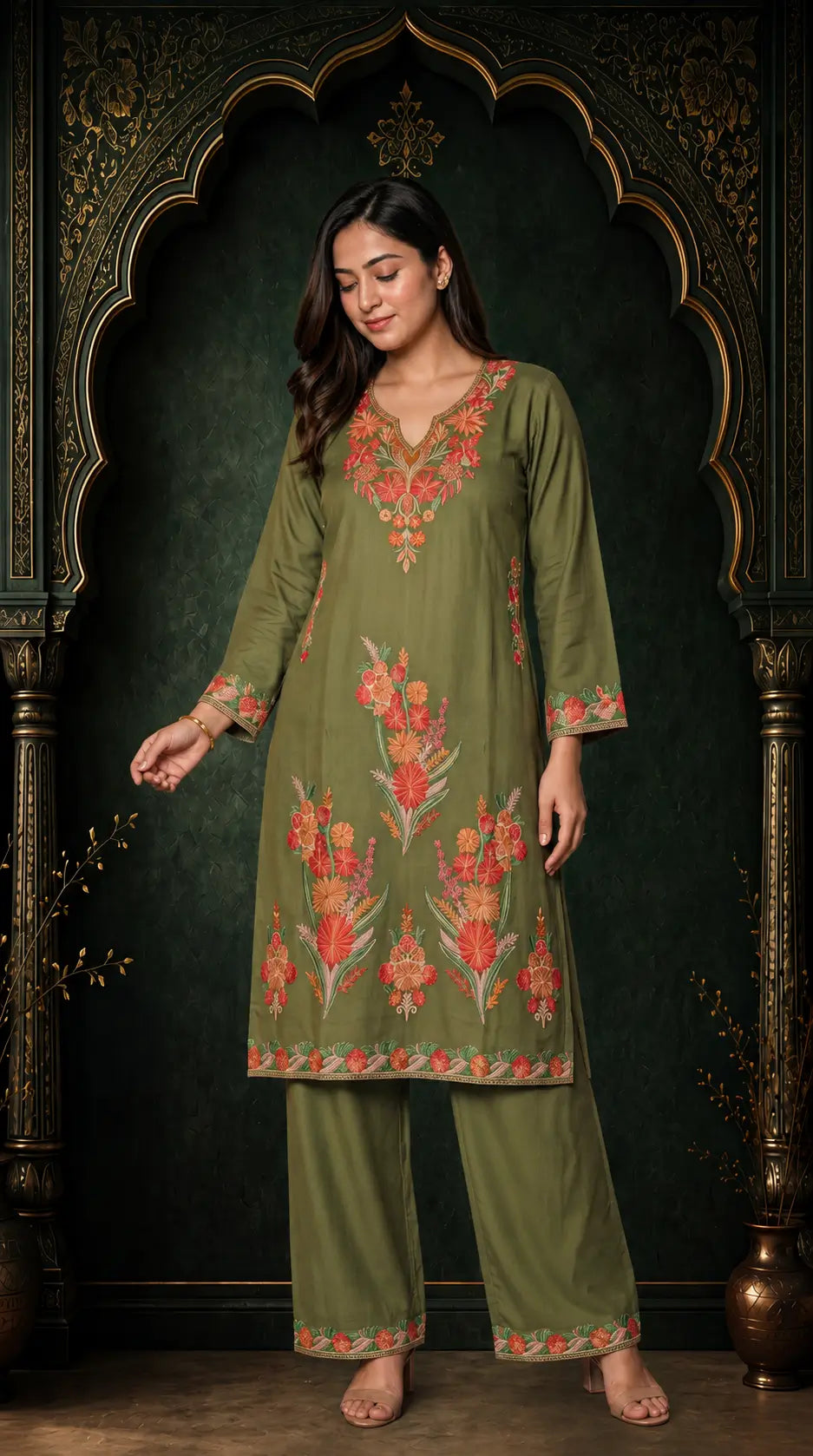 Meher Olive Green Embroidered Pheran Set